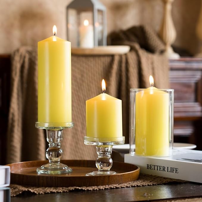 MOZEAL 3" x 8" Hand-Poured Unscented Candles,Large Yellow Pillar Candles Set of 2,No Drip,Approx 120 Hours Long Burning,Wedding,Dinner,Christmas and Home Decor（3 Inch Diameter 8 Inch Height）