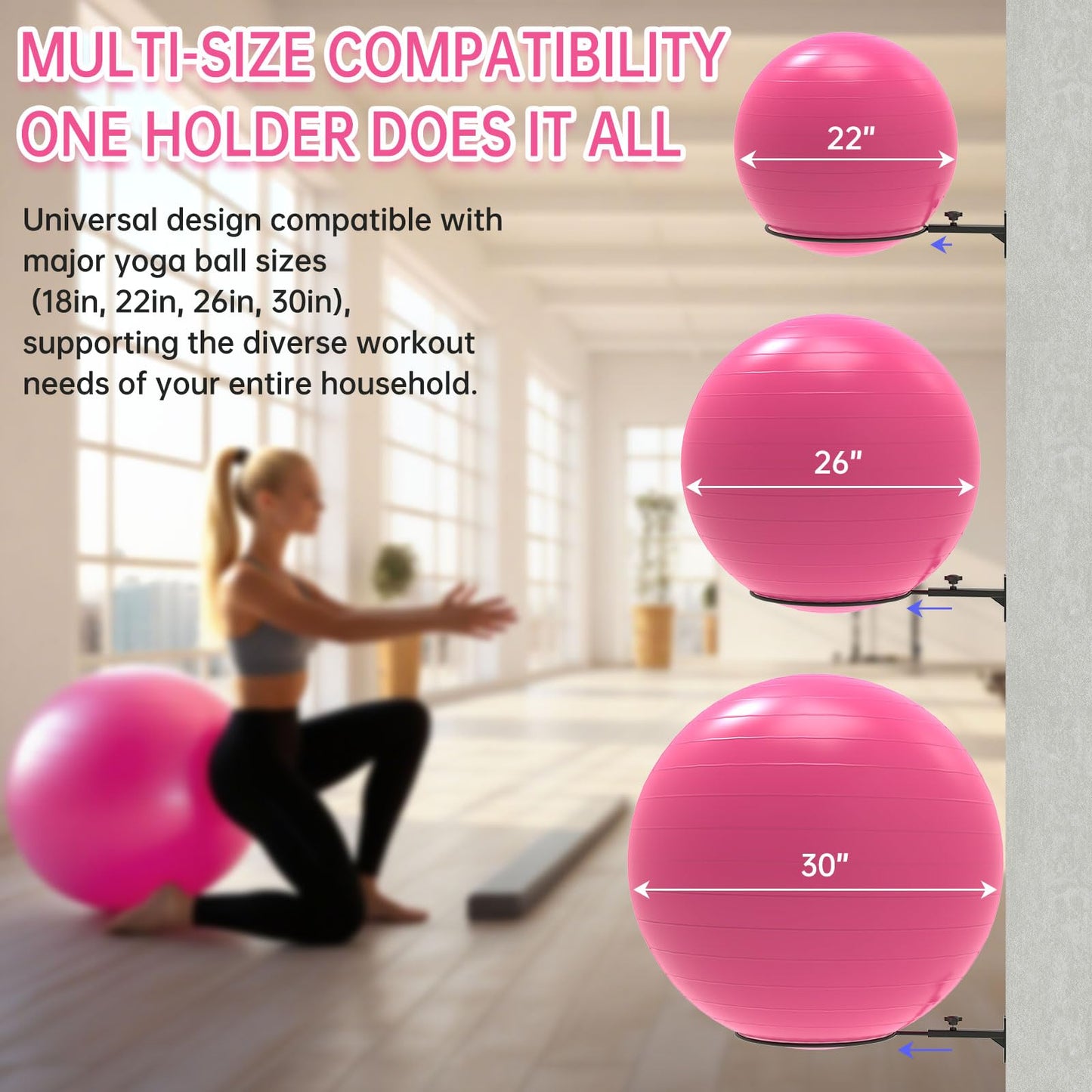 KOMOHOM Wall-Mounted Yoga Ball Holder, Black Metal, 12-Inch Diameter Ring, Universal Exercise Ball Storage Rack for 14-30 Inch Stability Balls(2PCS)