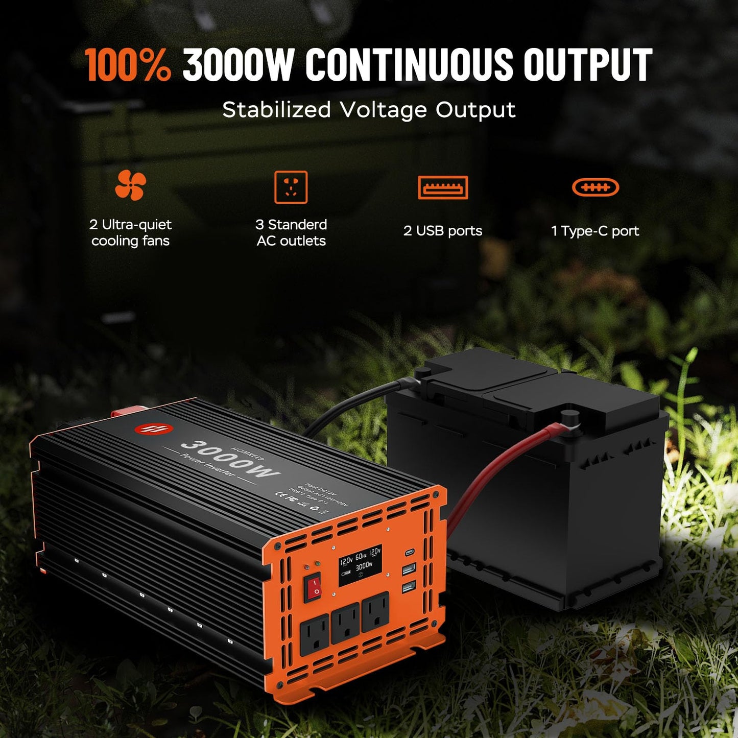 3000 Watt Power Inverter 12V DC to 110V/120V AC Converter Peak Power 6000W Car Inverter with LCD Display 3 AC Outlets, 2 USB & Type-C Port for RV,Truck,Off-Grid Solar System with Remote Controller