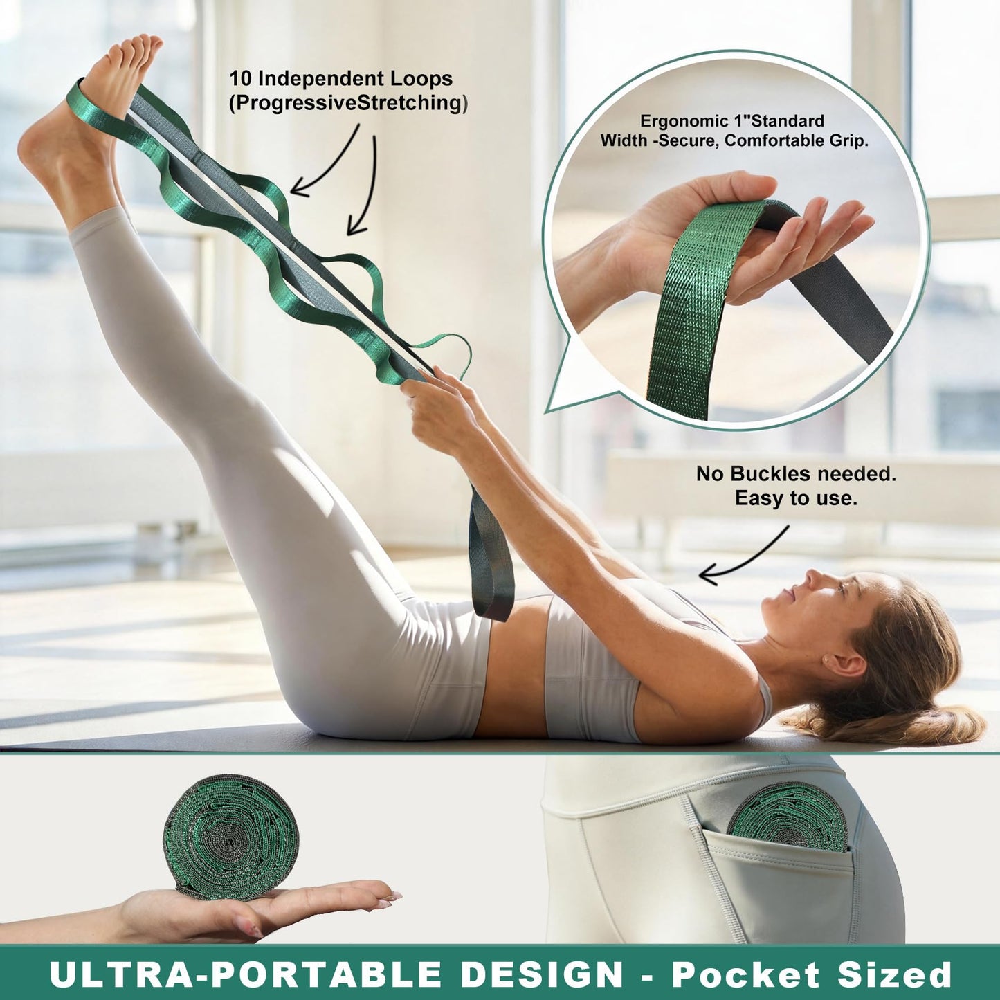 Acozycoo Stretching Strap with Loops for Physical Therapy,Yoga Strap for Stretching,Home Workout,Pilate & Flexibility Training,Non-Elastic Exercise Stretch Band for Hamstring,Leg Stretcher Belt,Flexibility Fascia