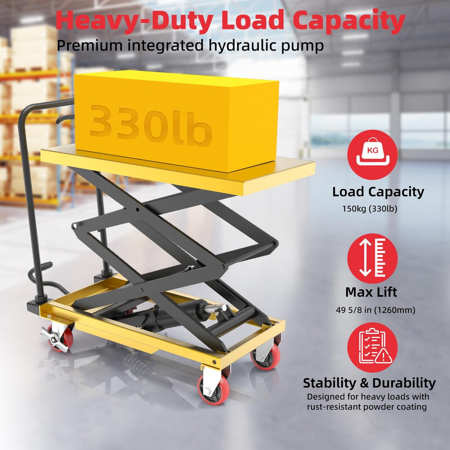 ZKH Hydraulic Lift Cart, 330lb Capacity, 49.6" Max Lifting Height, Single Scissors Lift Table with Locking Wheels and Overload Bar for Safe Operations, Ideal for Material Handling and Freight Lifting