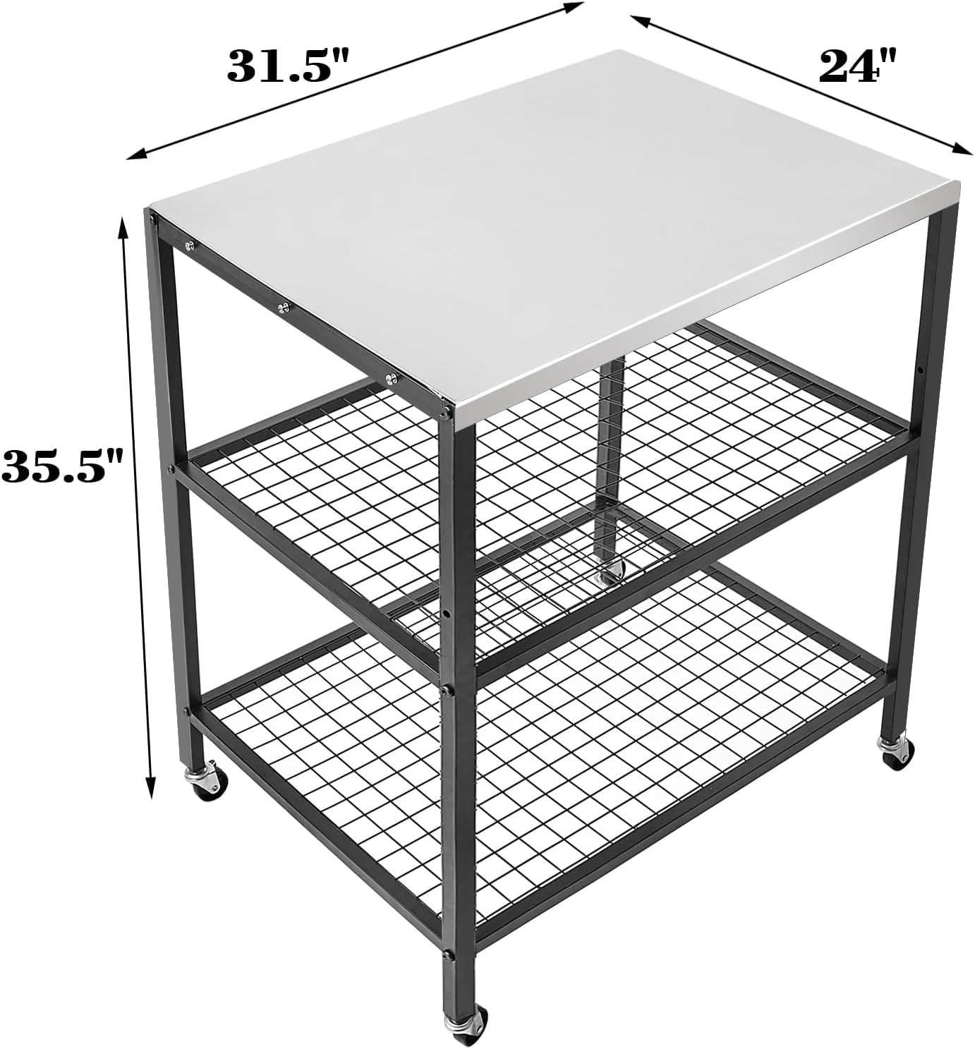 WEASHUME Stainless Steel Outdoor Grill Cart Pizza Oven Stand Trolley Table with Wheels Three-Shelf Movable Food Prep and Work Table Heavy Duty Grill Carts Outdoor Cart 31.5"×24"×35.5"