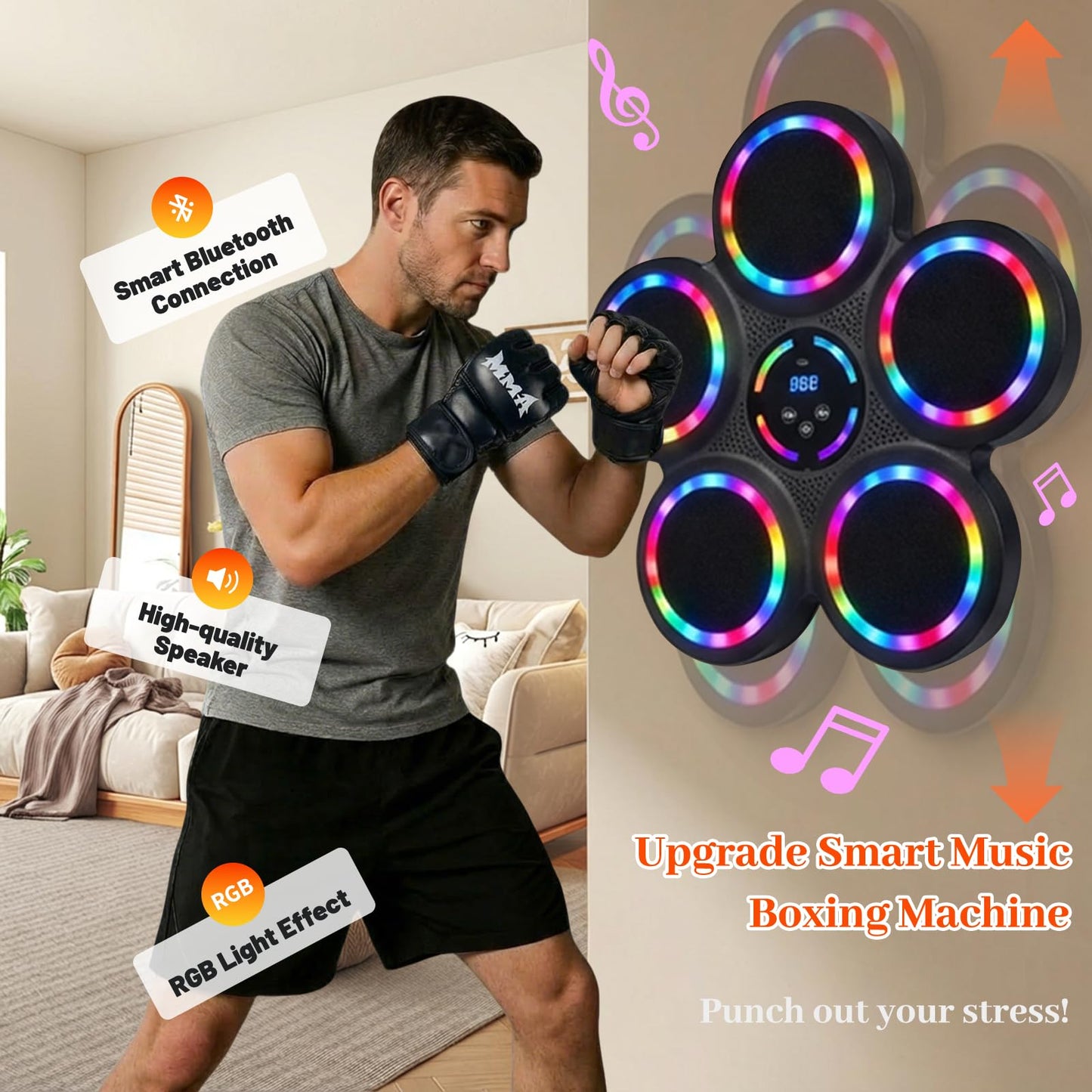 Music Boxing Machine, Smart Wall Mounted Music Punching Machine for Adults, Interactive Boxing Training Equipment with Gloves for Home, Office and Gym (RGB Light)