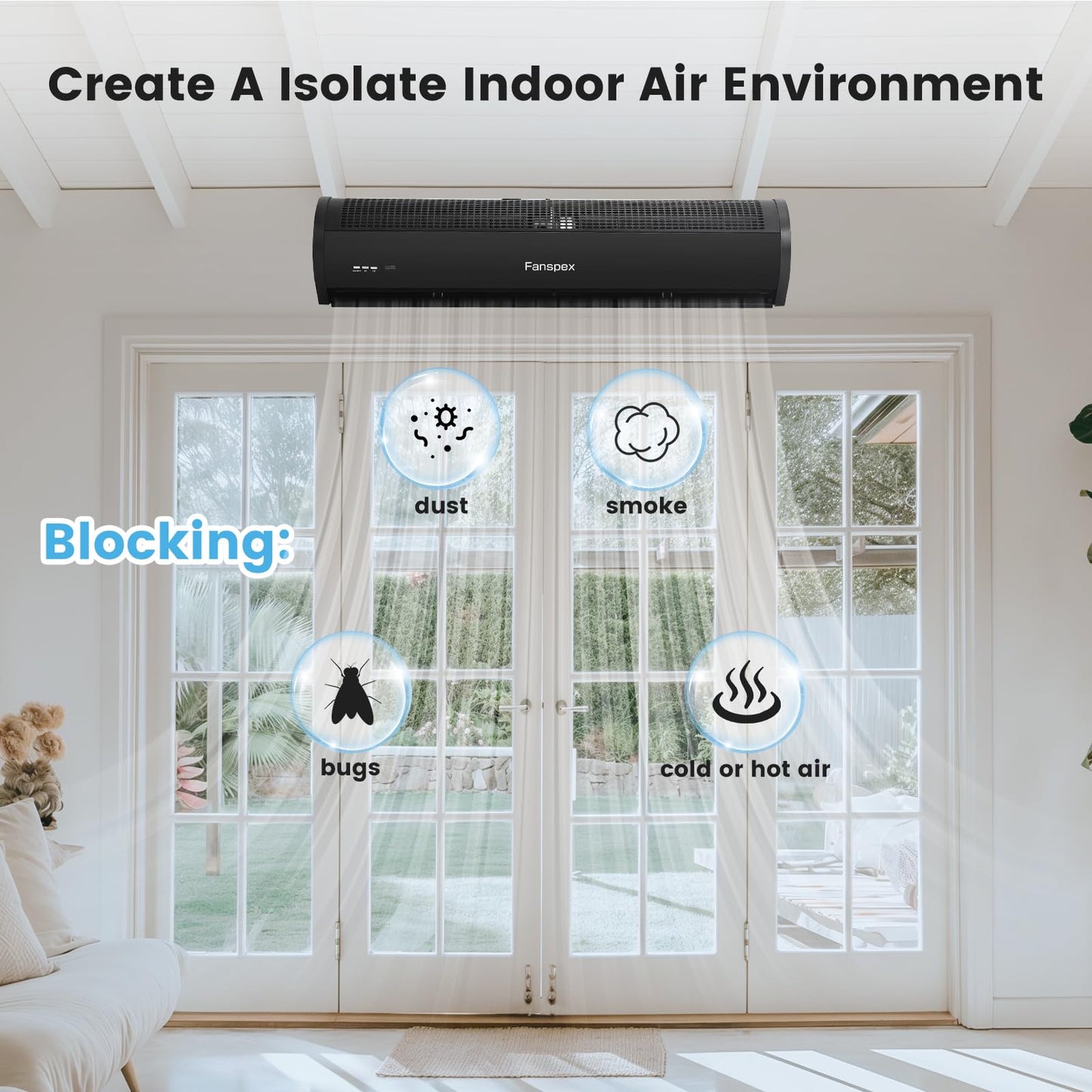 Fanspex 36" Wall Mounted Air Curtain, 2-Speed Commercial Over Door Fan for Home Garage Shop Restaurant, 120W Low Consumption with Magnetic Door Switch (Black)