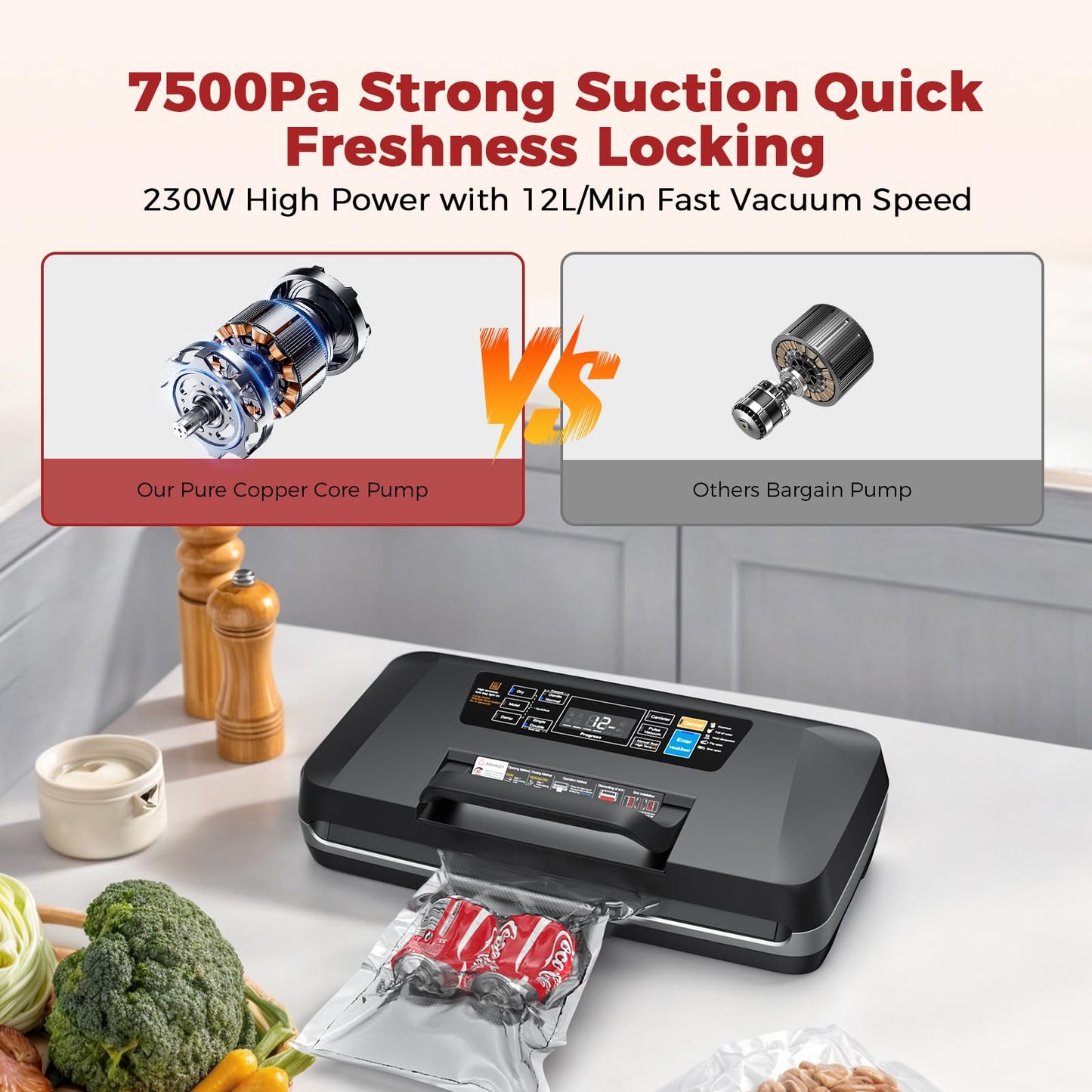 95KPa Vacuum Sealer Machine for food,Full Automatic with Double 12mm Heat Seal, 10in 1 Modes, Built in Cutter & Bag Storage, Includes 1 Roll and 10pcs Pre cut Bags