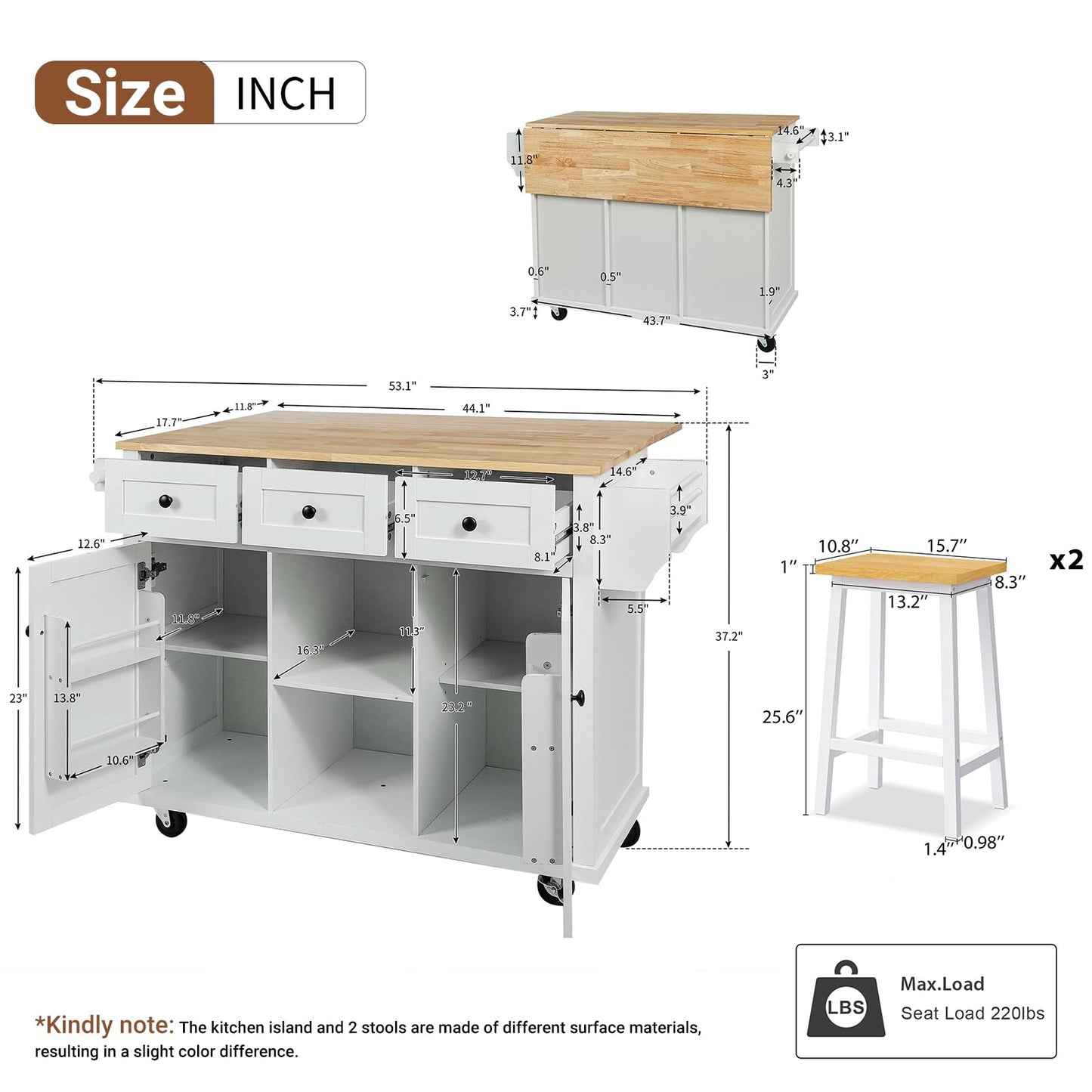 Waully 53'' Mobile Kitchen Island with Seating, Rolling Kitchen Island with Storage and Drop Leaf, 3 Drawers Islands Cart Rubberwood Top, 2 Open Shelves, Isla para Cocina, White + 2 StooIs