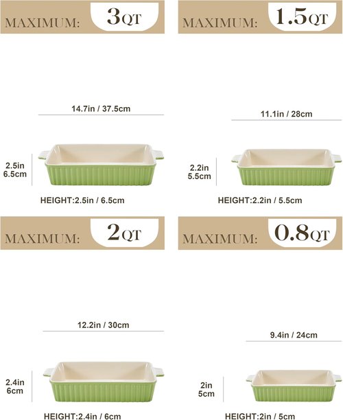 MALACASA Bakeware Set - 4-Piece Porcelain Baking Pans for Oven | Green Casserole & Lasagna Dishes (9.4"-14.7")