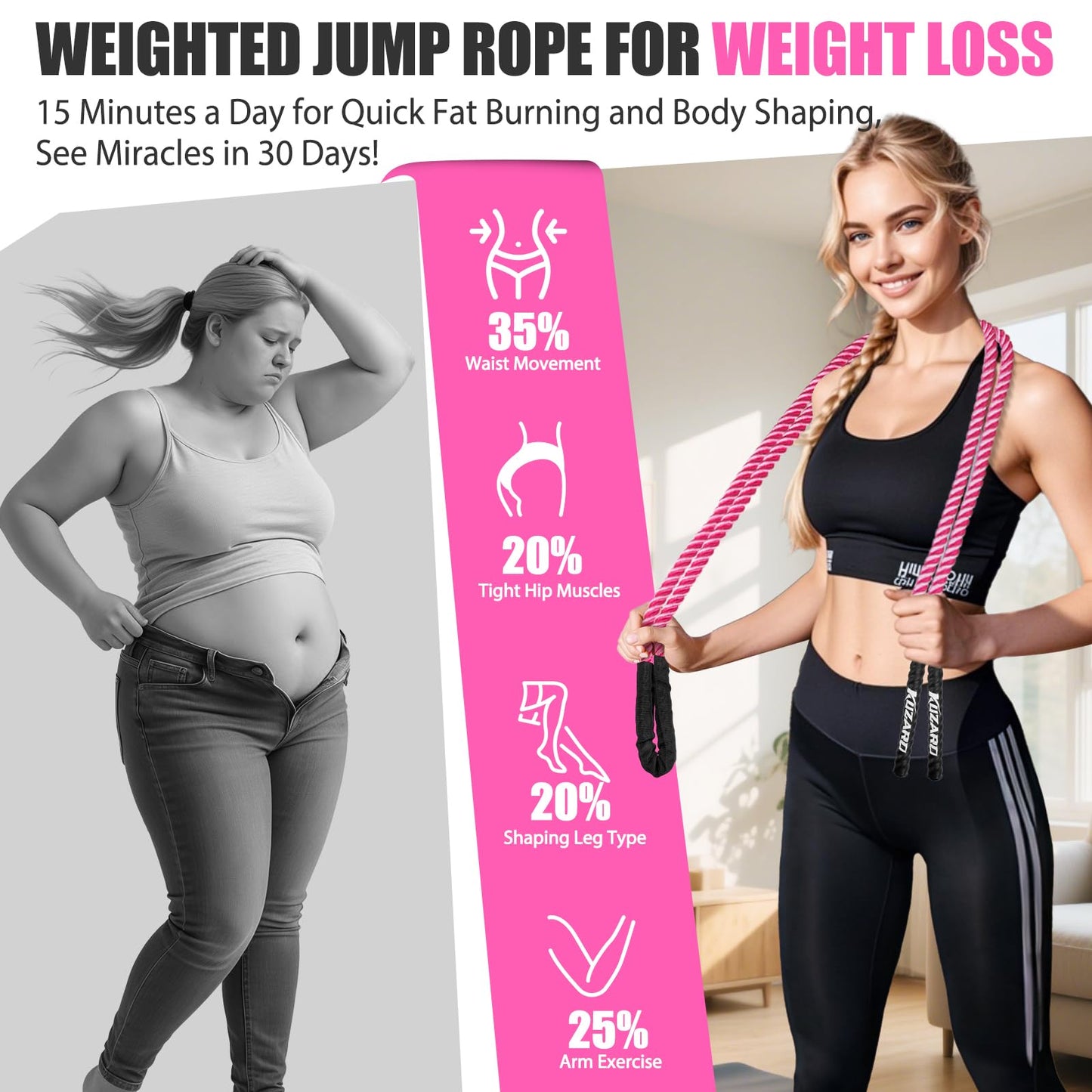 KUZARO Jump Rope, Weighted Jump Rope for Women, Heavy Jump Ropes for Fitness, Home Gym Exercise Equipment, Adult Skipping Rope for Strength Training, Weight Loss, Boxing Training,Total Body Workout Equipment