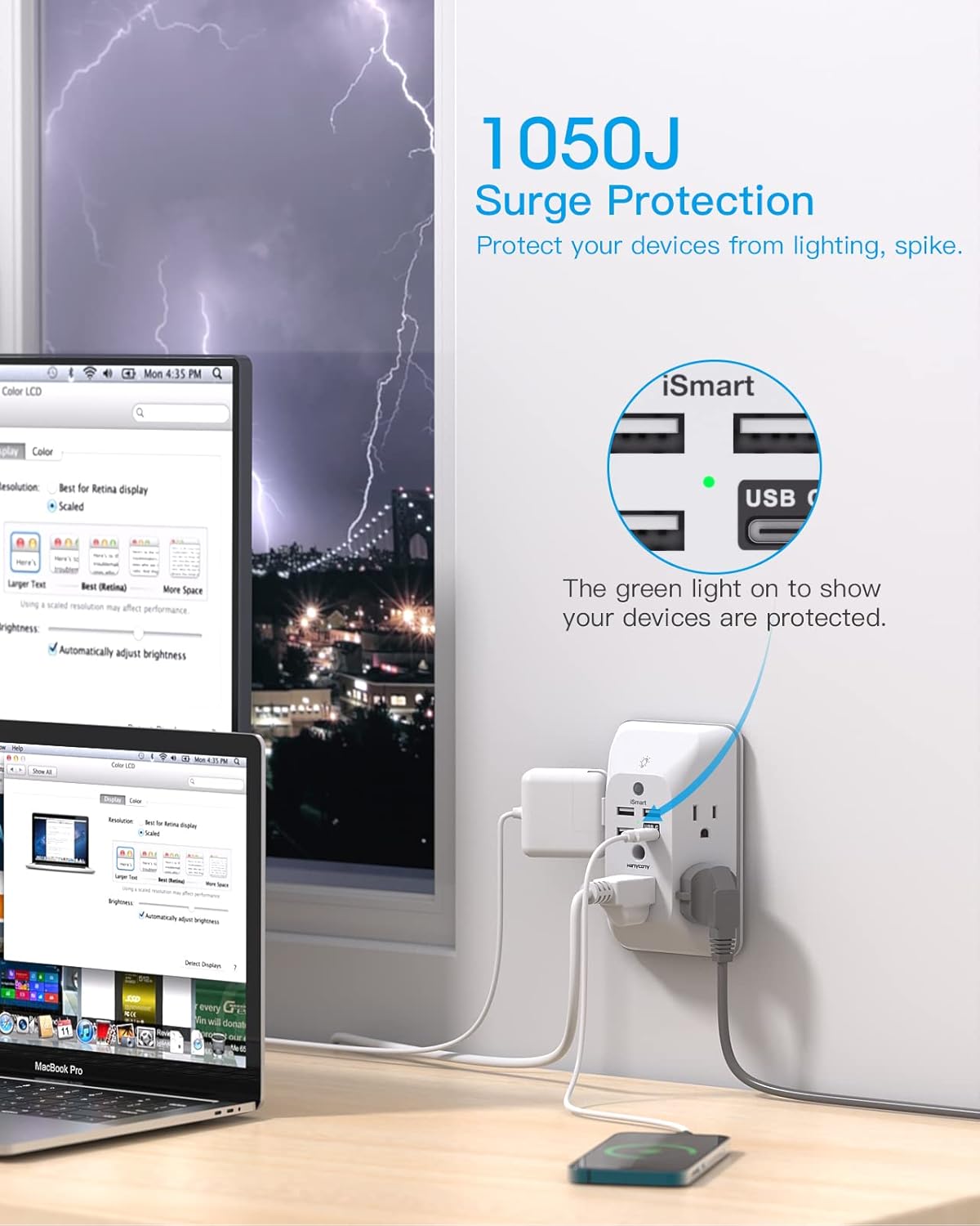 HANYCONY 4 Ports(1 Outlet Extender with Night Light, Multi Plug Outlet, USB Wall Charger Surge Protector USB USB C)