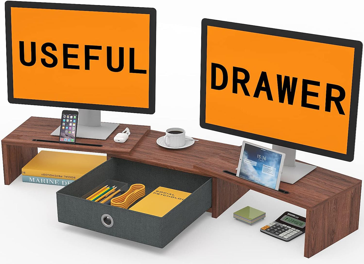 2 WESTREE Dual Monitor Stand Riser with Drawer - Adjustable Length and Angle, Phone Hold, Desktop Organizer
