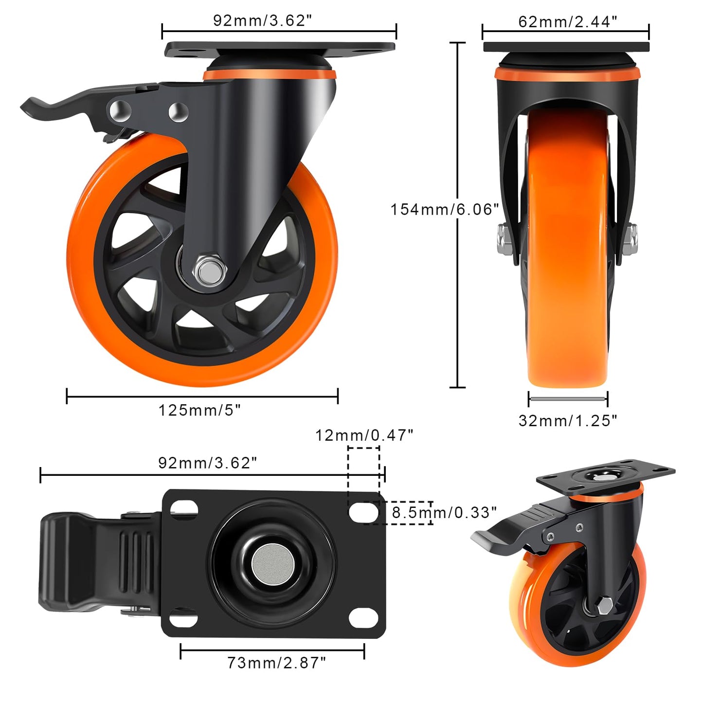 5 Inch Caster Wheels with Safety Brake 2400Lbs, Heavy Duty Casters Set of 4, Industrial Swivel Casters with Double Ball Bearings, Polyurethane No Noise Wheels for Cart,Furniture(Hardware Include)