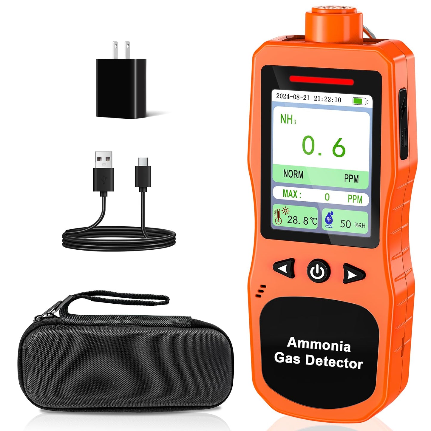 ZYKYCX Portable Ammonia Gas Detector, 0-200 PPM Rechargeable Ammonia Gas Monitor, Digital Air Quality NH3 Gas Meter with Temperature Humidity Tester for Farm, Poultry, Pig & Livestock, Orange