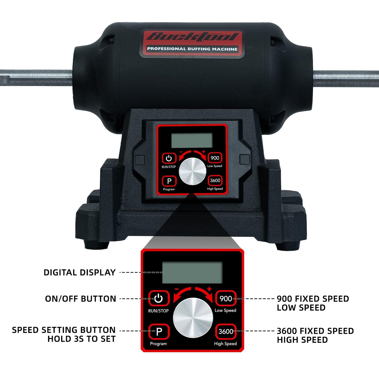 BUCKTOOL 1HP VFD Motor 8-Inch Variable Speed Bench Buffer Polisher, 900-3600 RPM One Button Speed Setting Powerful Benchtop Polisher, Extended Polishing Shaft for Jewelry, Metal Power Bench Grinders