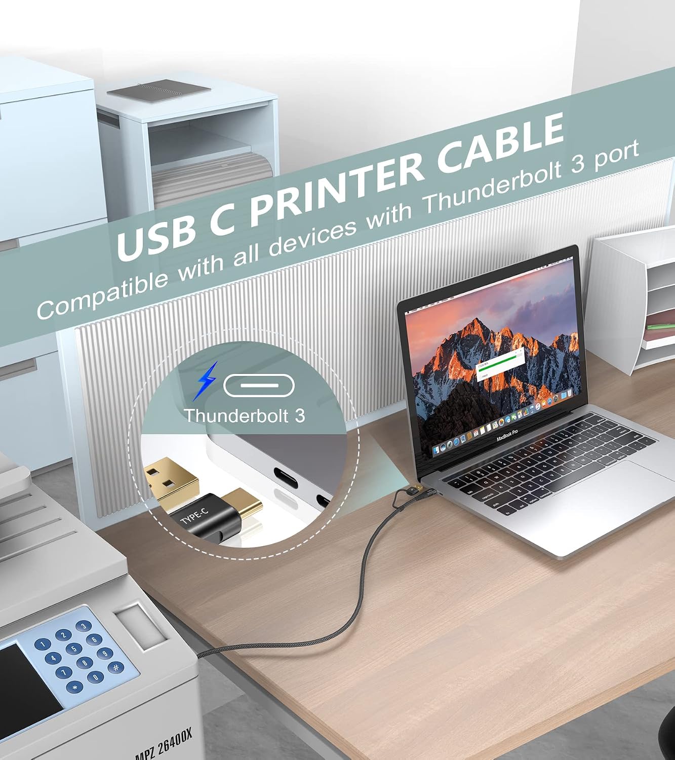 2-in-1 [2-Pack, 6.6FT] USB-A/C to USB-B Printer Cable USB C MIDI Cable Nylon Braid High-Speed Printer Cord for MacBook