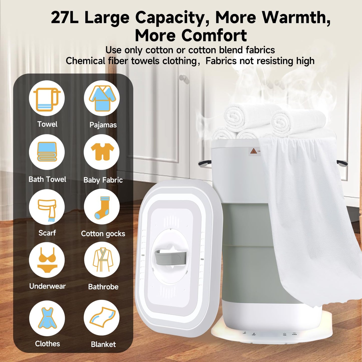 LIONROGE 27L Upgrade Foldable Towel Warmer for Bathroom with Handle- Heated Towel Warmers Bucket with Time Setting, Auto Shut Off,Fits Up to Two 40"X70" Oversized Towels, Bathrobes, Blankets