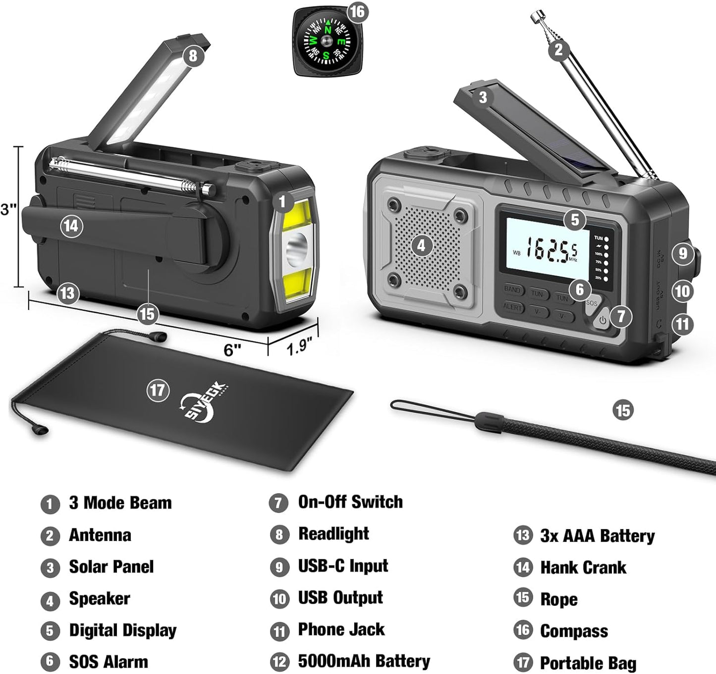 SIYEGK 5000mAh Emergency Weather Radio with Solar Hand Crank, Men Dad Husband Cool Gadgets, NOAA AM FM Portable Battery