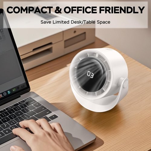 MORECORE Desk Fans for Bedroom, Strong Airflow Turbo Quiet Small USB Fan, 17hrs Running, 360° Rotate & 5 Speeds, 4000mAh Battery Operated Portable Fan with LED Display for Home Office Desktop-White