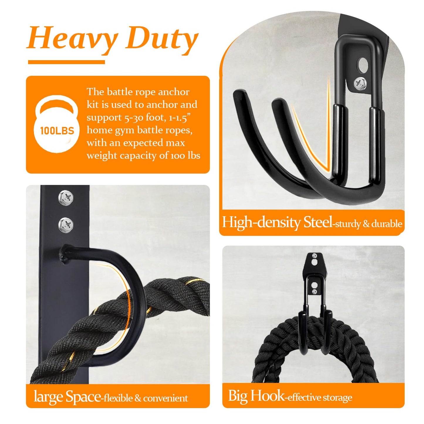 Mibcocny Battle Rope Anchor Kit Wall Mount, Set With Workout Wall Anchor And Rope Hook For 5-30 Feet, 1-1.5" Battle Ropes For Home Gym, Battle Rope Wall Mount Holder, Heavy Duty Gym Storage Rack