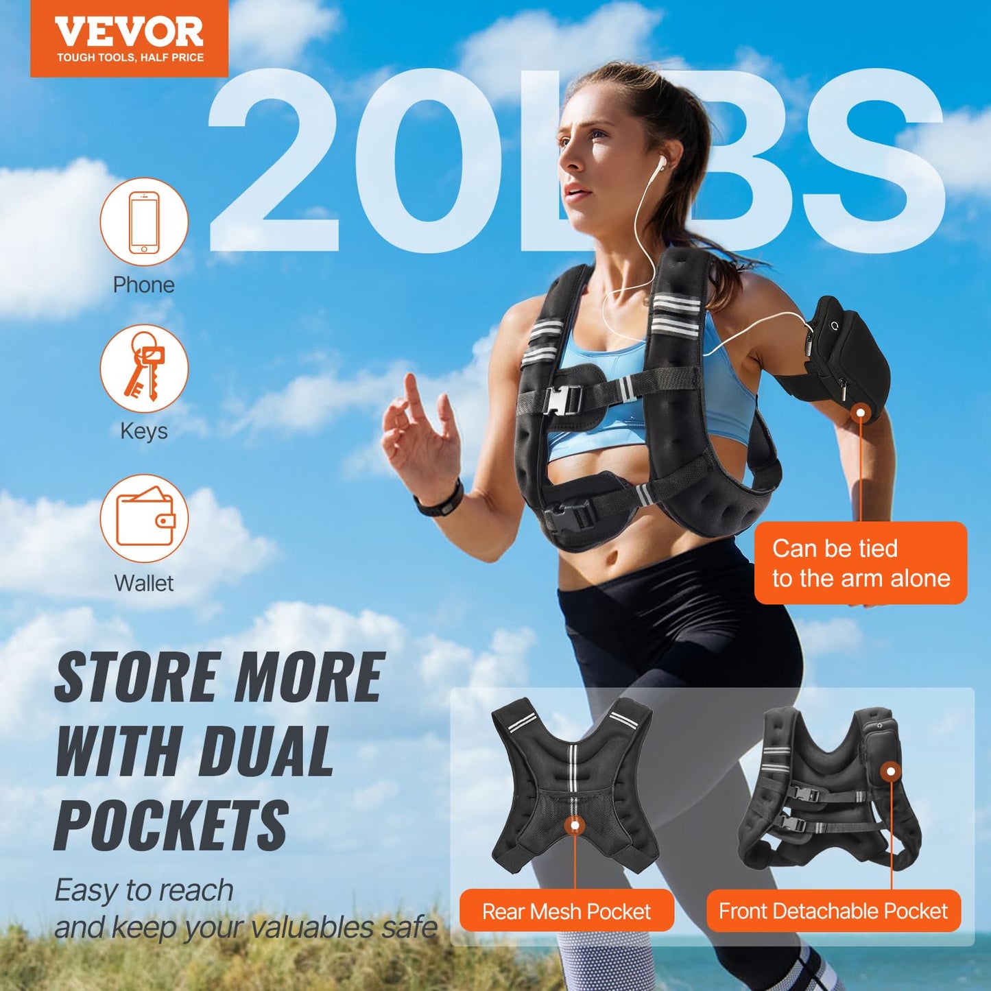 VEVOR Weighted Vest, 20 lbs Weight Vest with Reflective Stripe, Adjustable Buckle Body Weight Vest for Men Women, Workout Equipment for Strength Training, Running, Jogging, Fitness, and Weight Loss