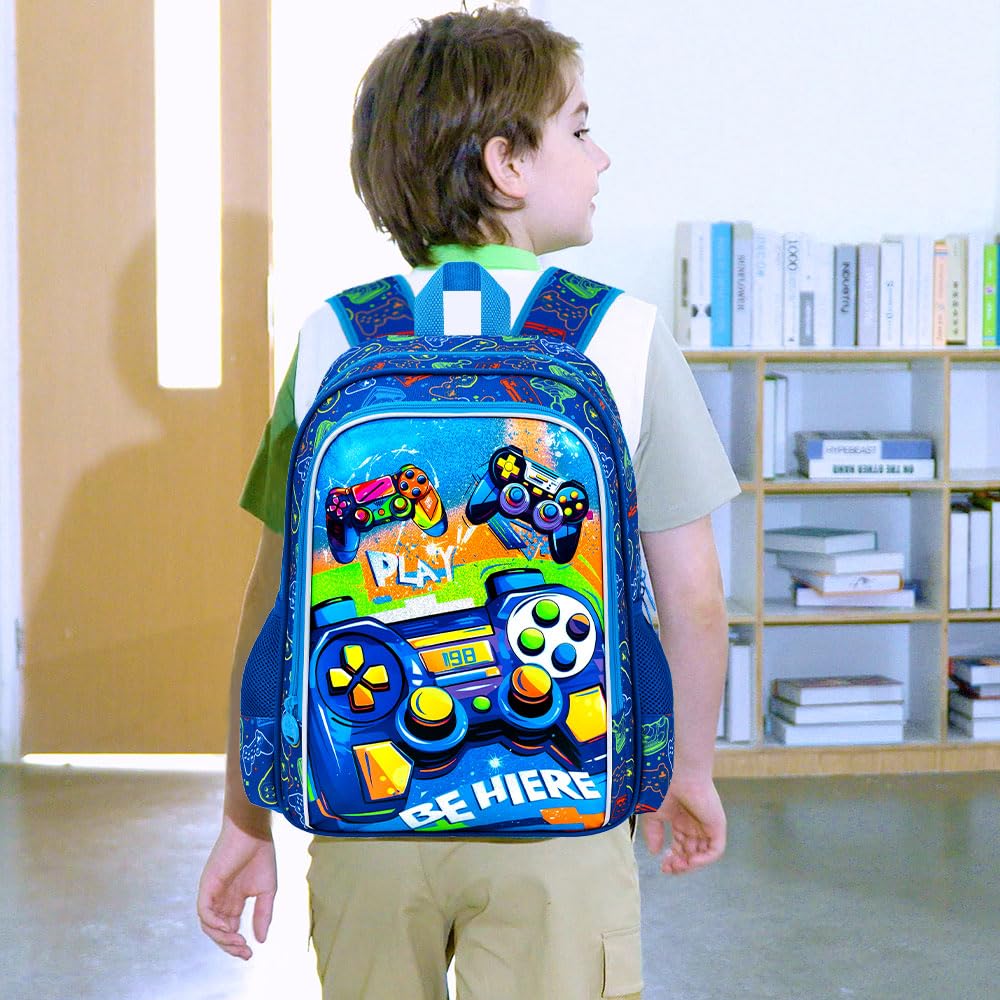ZLYERT 16" Gamer Backpack for Boy, 3Pcs Gaming Kids Bookbag for Elementary Preschool Kindergarten, School Backpacks with Lunch Box(Blue)