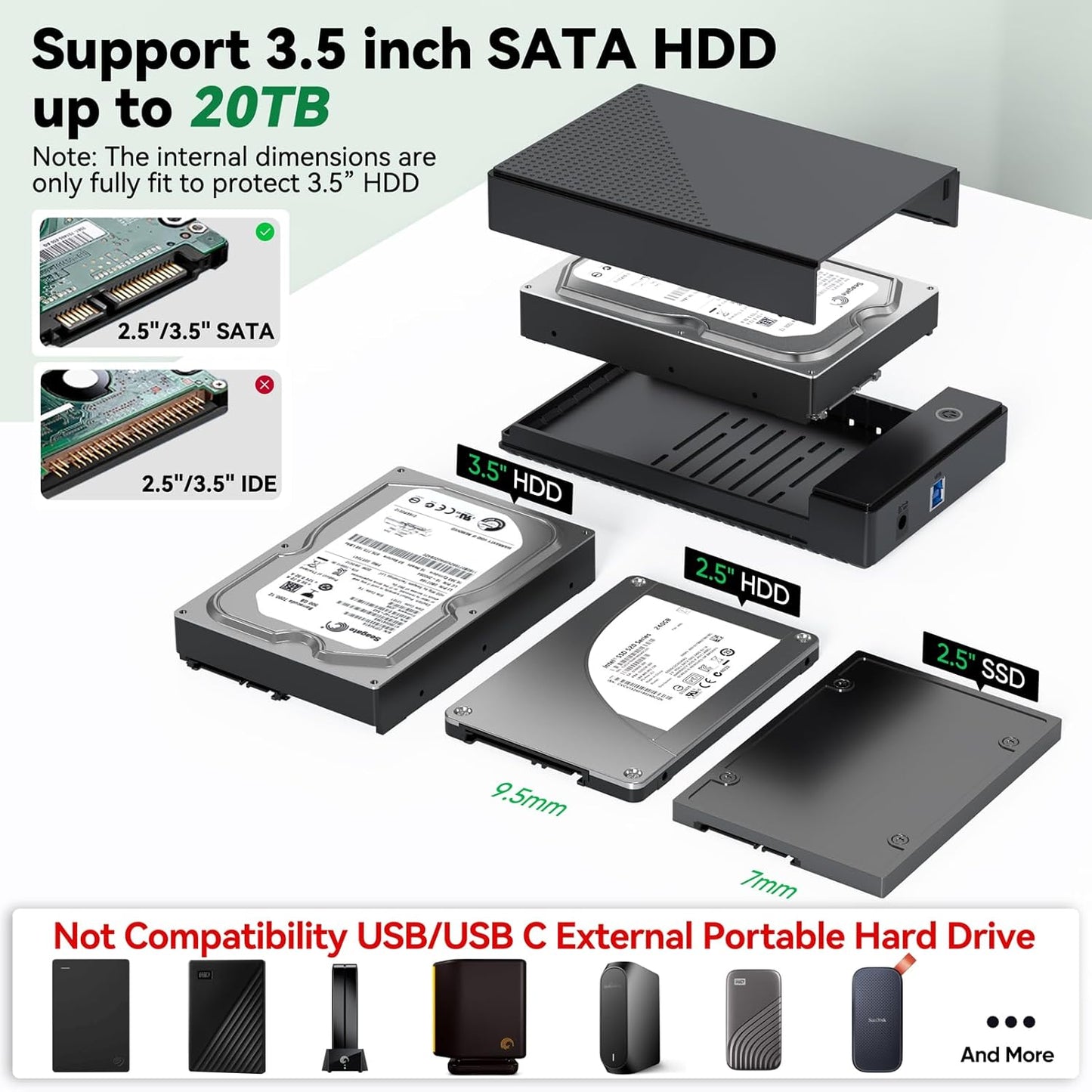 CLAVOOP 3.5 3.0 3.5/2.5 inch 20TB 12V 24W Hard Drive Enclosure, USB Internal/External Hard Drive Case Lay-Flat Dock