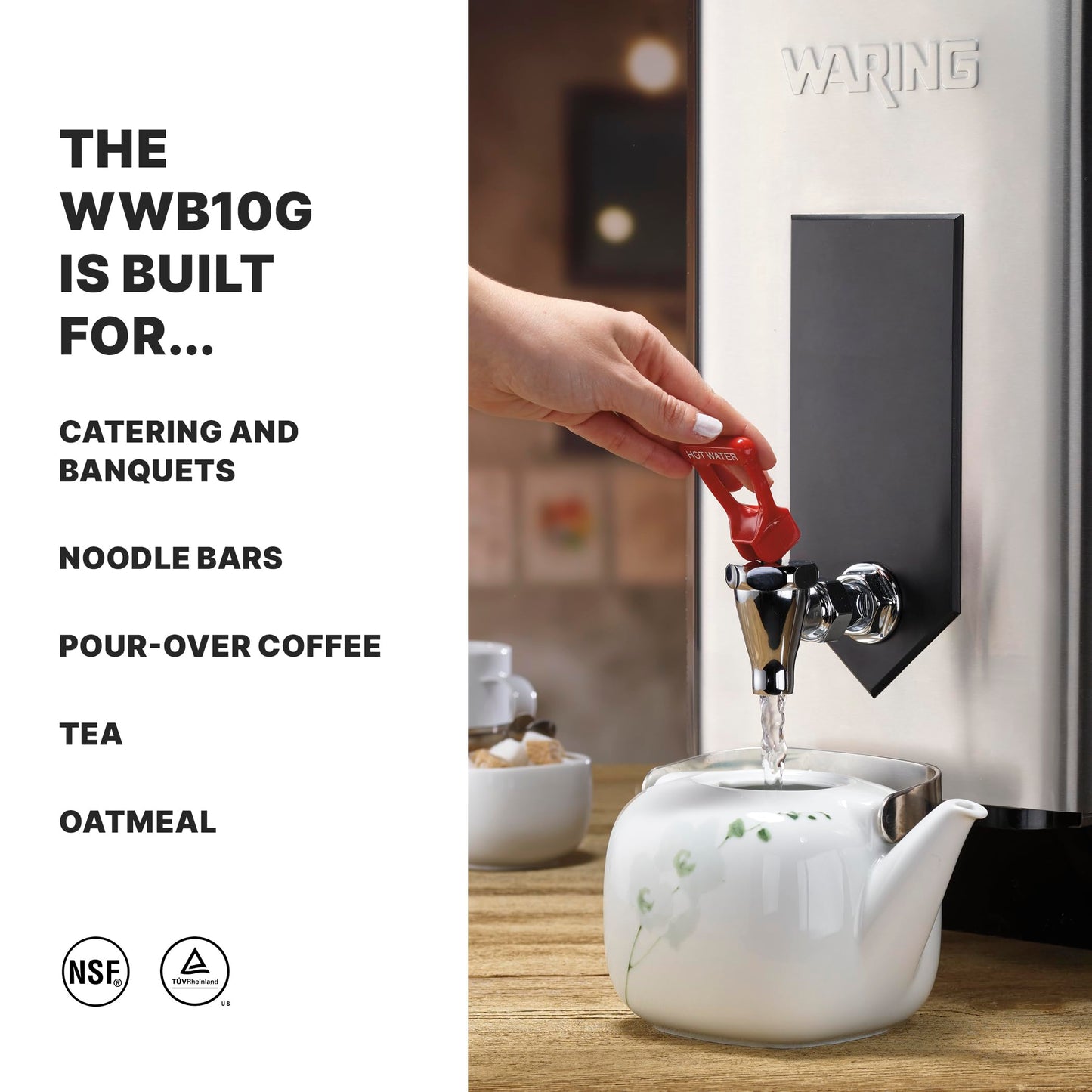 Waring Commercial Hot Water Dispenser, 10-Gallon Capacity, Digital LCD Controls, 150-205°F Temperature Range, Night Mode, for Restaurants & Catering Kitchens, 120V, WWB10G