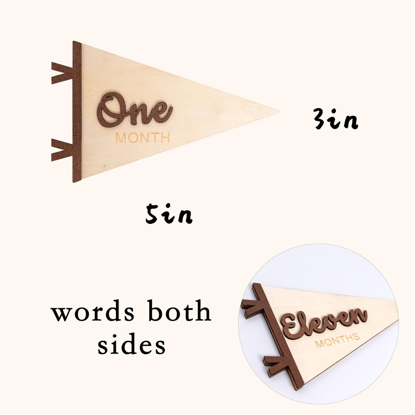 KIETKIE Baby Monthly Milestone Pennant Signs - Wooden Monthly Age Marker from One to Twelve Months, Newborn