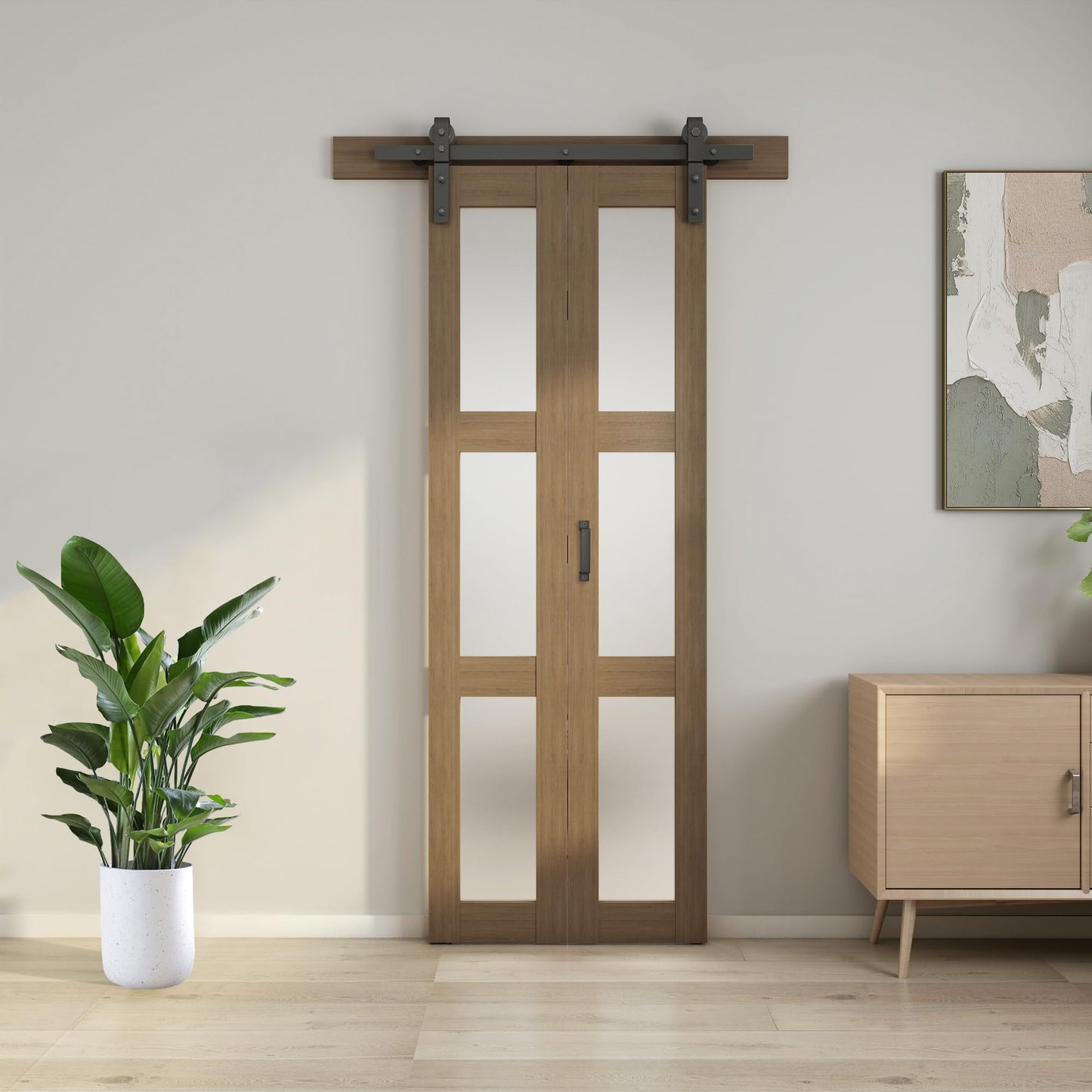 JUBEST Bifold Glass Barn Door, 30Inch Bi Fold Sliding Barn Door Kit with Hardware Include, 3-Panel Glass Barn Door Slab, Solid Wood Barn Door with MDF & Water-Proof PVC Surface, Brown