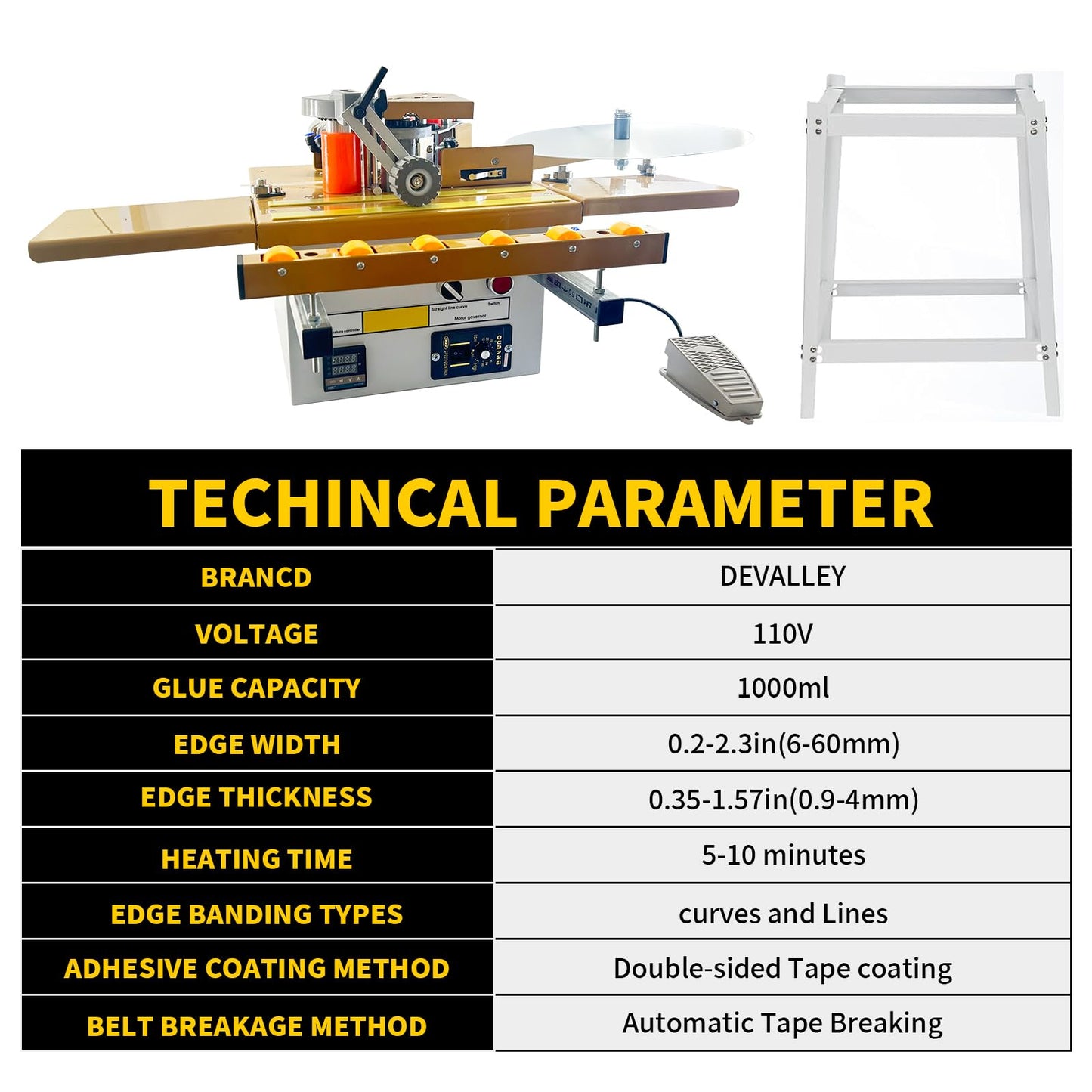 DEVALLEY Portable Woodwork Edge Bander Banding Machine,Automatic Tape Breaking Adjustable Speed Edge Banding Machine Curve Straight Edge Bander Control With Microcomputer Intelligent Temperature
