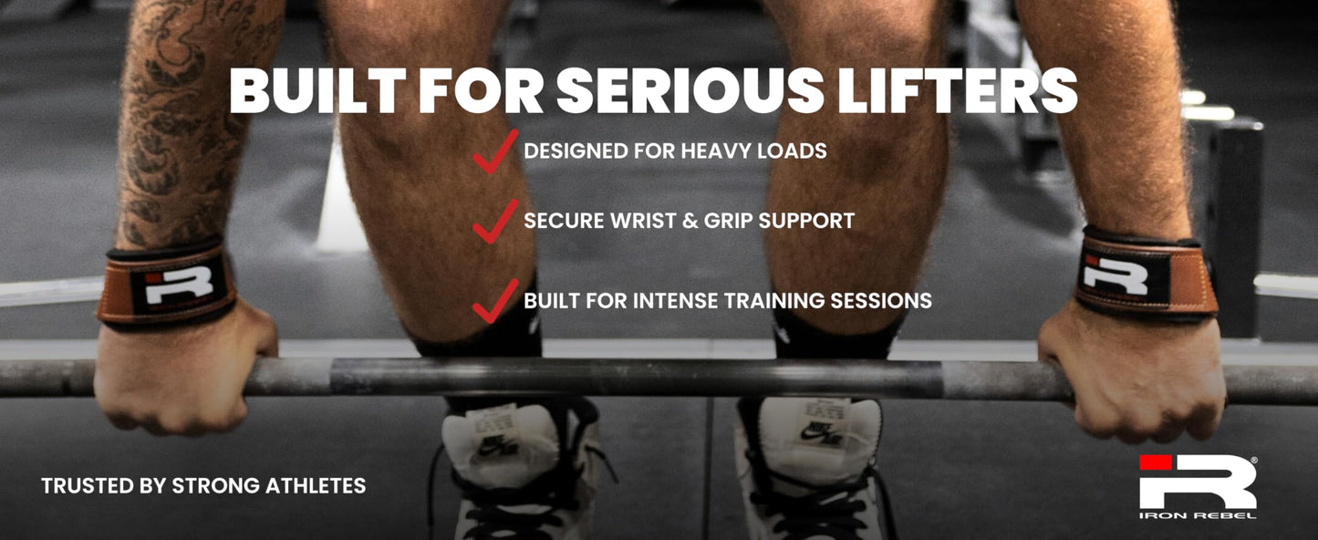 Iron Rebel Leather Lifting Straps (Pair) - Premium Heavy Duty Leather Wrist Straps for Weightlifting, Bodybuilding & Powerlifting - Durable Leather Gym Straps for Deadlifts & Pull-Ups - Men & Women