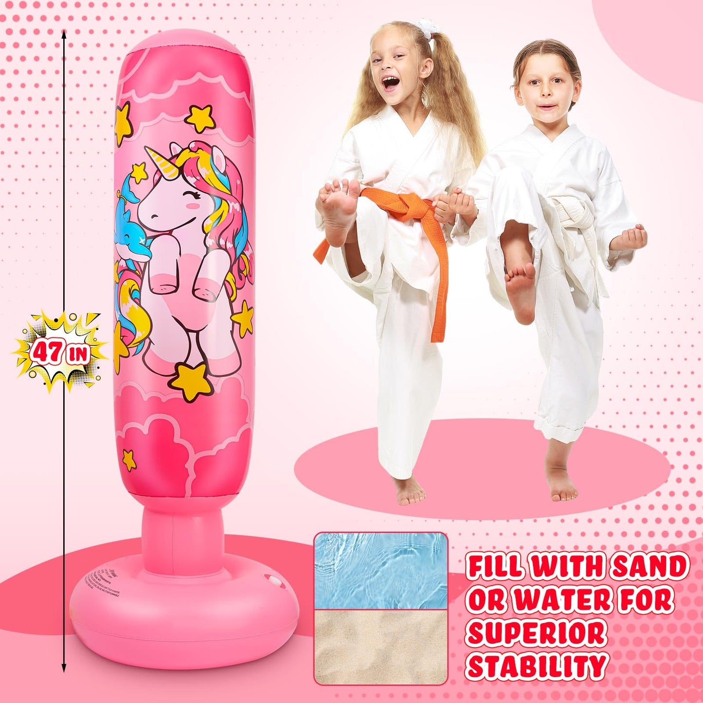 Vinsatin 2 Pcs 47" Kids Punching Bag Girls Stable Inflatable Boxing Bag Unicorn Heavy Punch with Instant Bounce Back Movement Kids Workout Equipment Karate Gifts for Girls Karate Taekwond