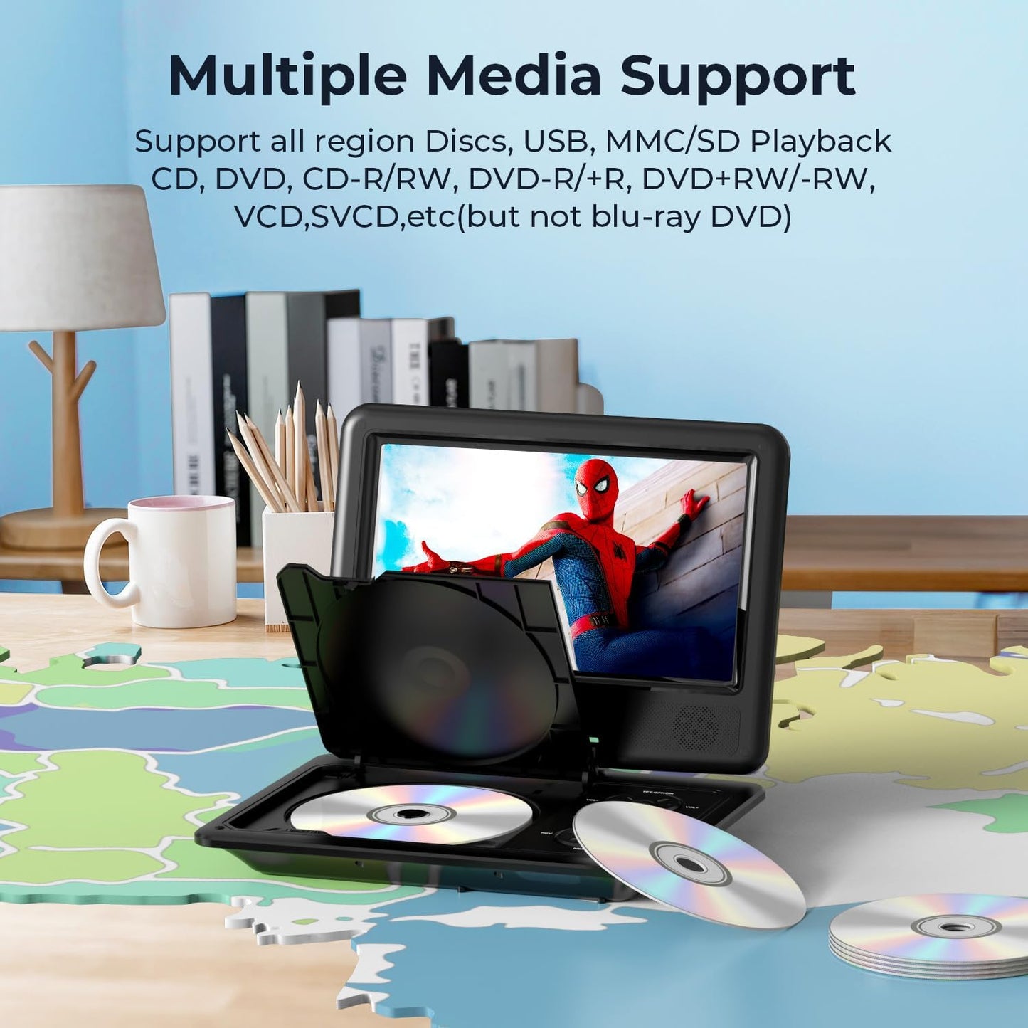 DBPOWER 11.5" 5-Hour 9" 1.8 Portable DVD Player, Built-in Rechargeable Battery, Swivel Screen, Support CD/DVD/SD