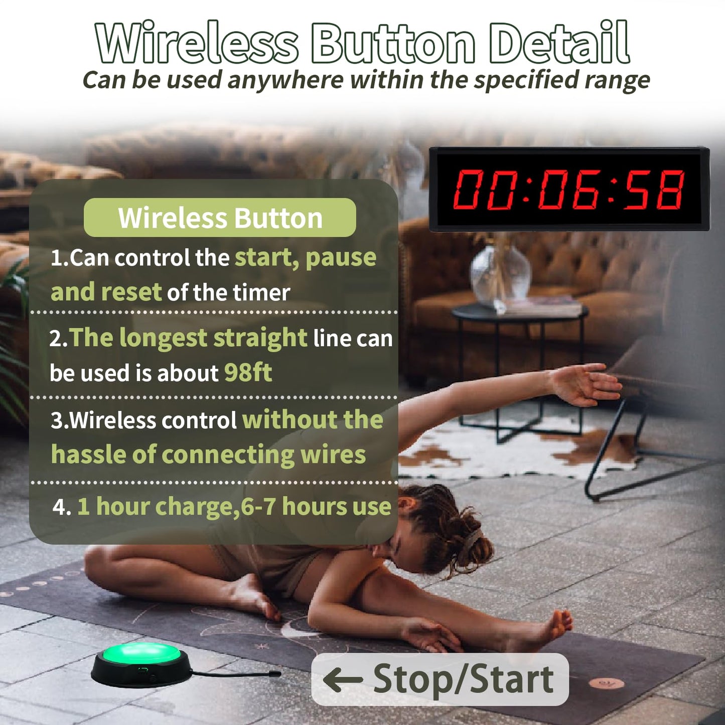 Digital Gym Timer Clock with Wireless Start/Stop Button, Workout Clock with Remote Control, Wall Clock for Home Gym with Interval Timer, Stopwatch, Count Up/Down