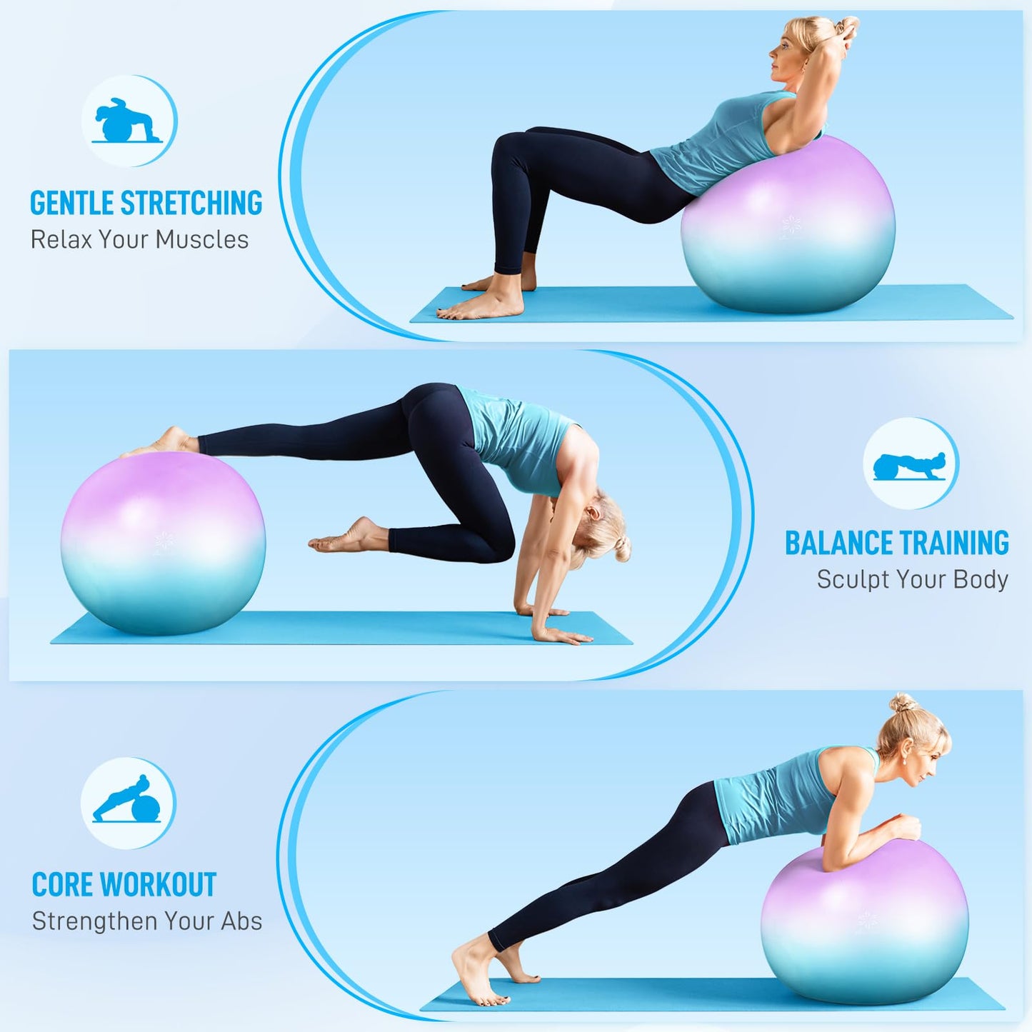 Sportneer Extra Thick Exercise Ball - 25.6''Yoga Ball with Quick Pump - Anti-Burst and Slip Resistant Fitness Ball Chair for Pregnancy and Physical Therapy (Purple Blue)