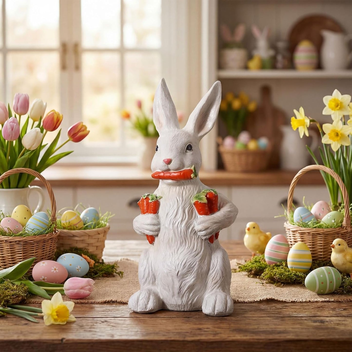 Yookeer Bunny Sculpture - 13 Inch Spring Resin Rabbit Figurine with Carrot | Easter Home Decor