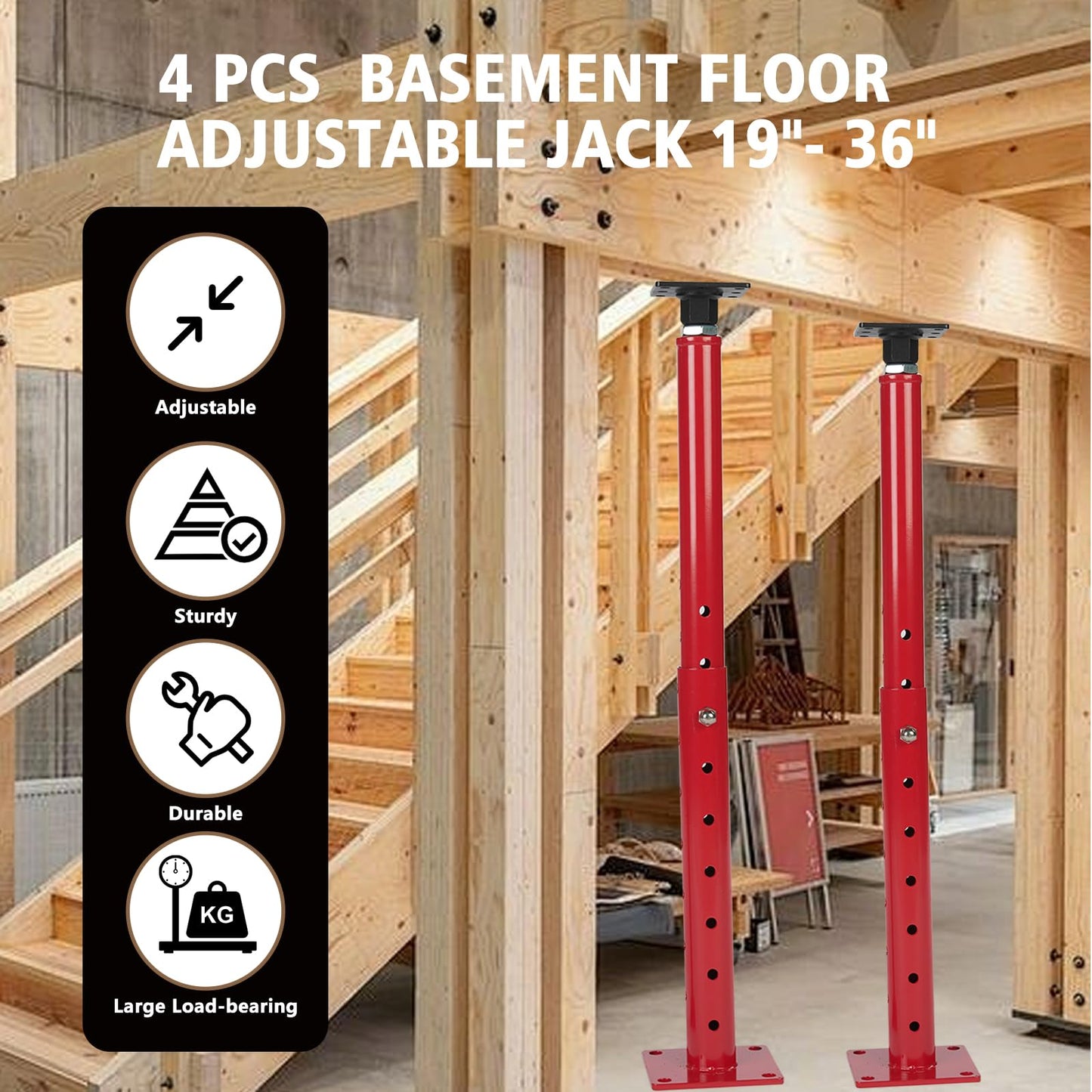 TOPTGO Floor Joist Jack, 19"- 36"(1'7"-3) Height Range Adjustable Floor Joist Jack House Jack Post,Telescoping Jack for Temporary Support for Leveling,4400 lbs Height Capacity(Each)-4Pack