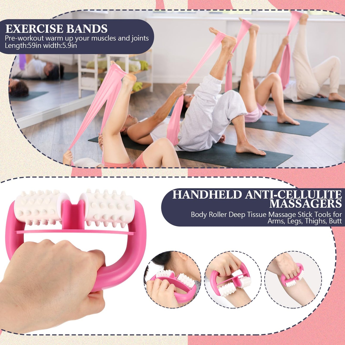Arrowbash 5 Pack Yoga Wheel Set Back Stretcher Wheel for Deep Tissue Massage Foam Roller for Back Pain Relief & Stretching, Trigger Point Therapy Ball, Resistance Loop Exercise Bands, Massage Roller