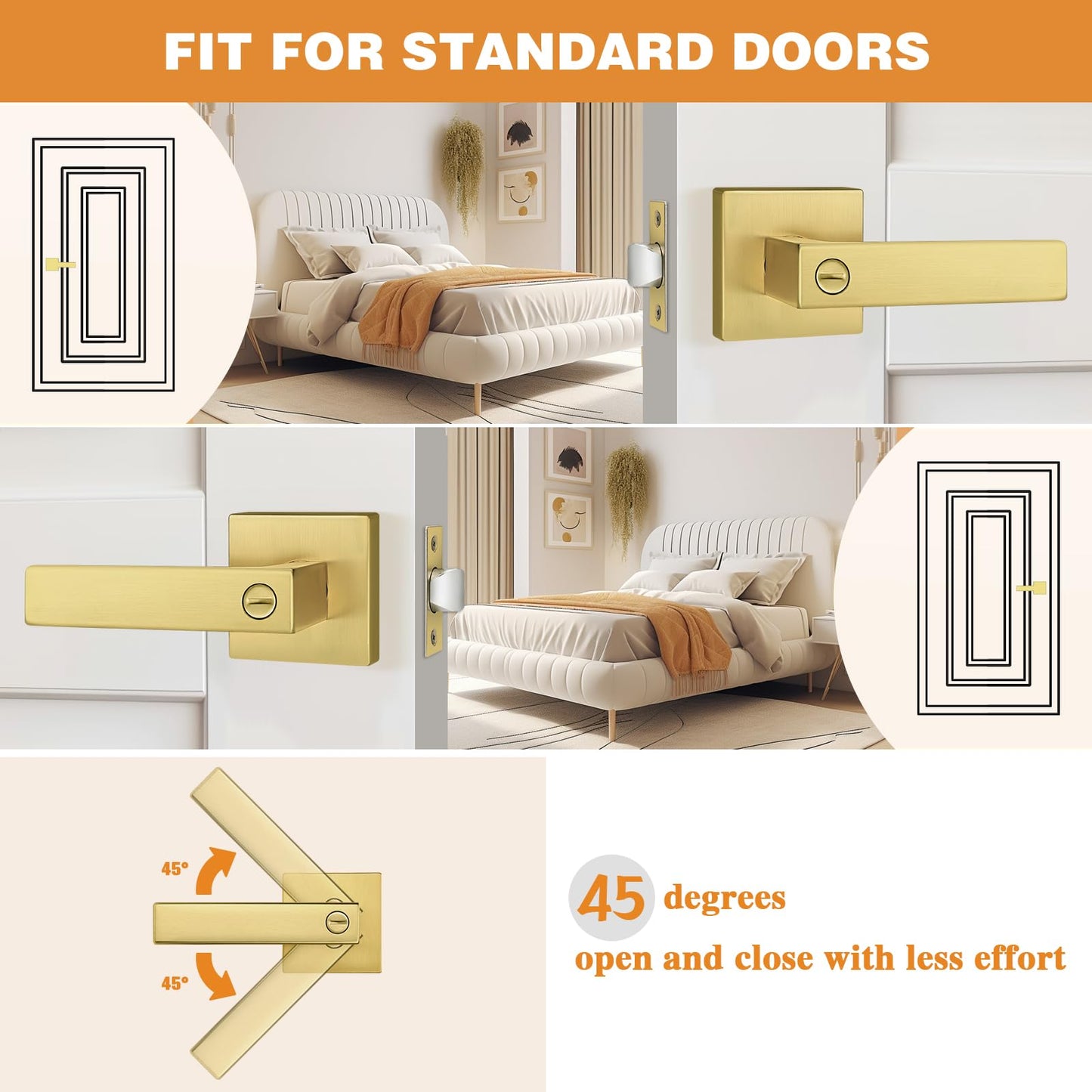 Probrico 8 Pack Privacy Door Handles with Lock, Interior Gold Reversible Levers for Bedroom & Bathroom