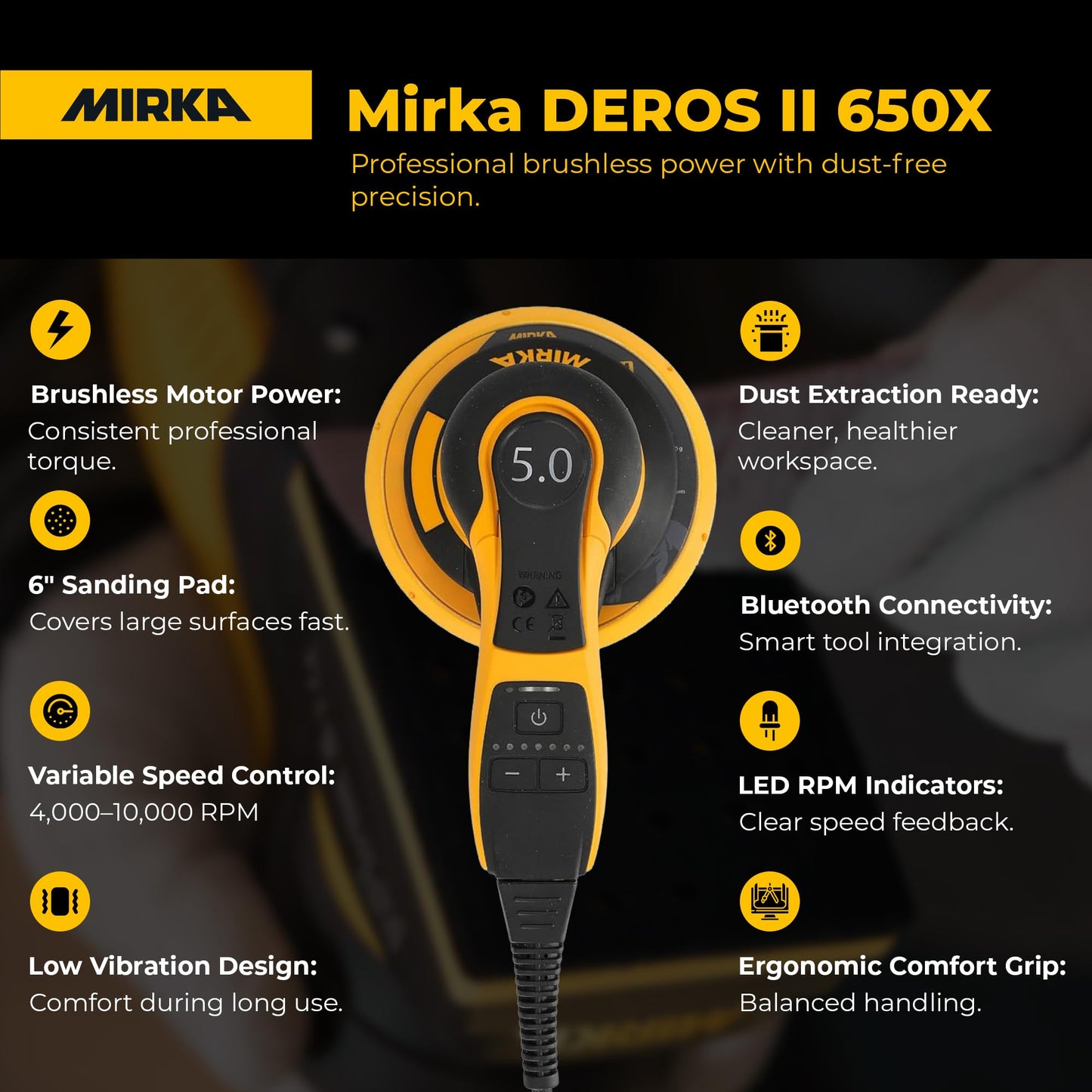 Mirka DEROS II 650 Dust-Free Sander, 6 Inch Hook & Loop - 5.0mm Orbit Random Orbital Sander – 110V Electric Power Tool for Woodworking, Drywall, Automotive Car & Wood Sanding