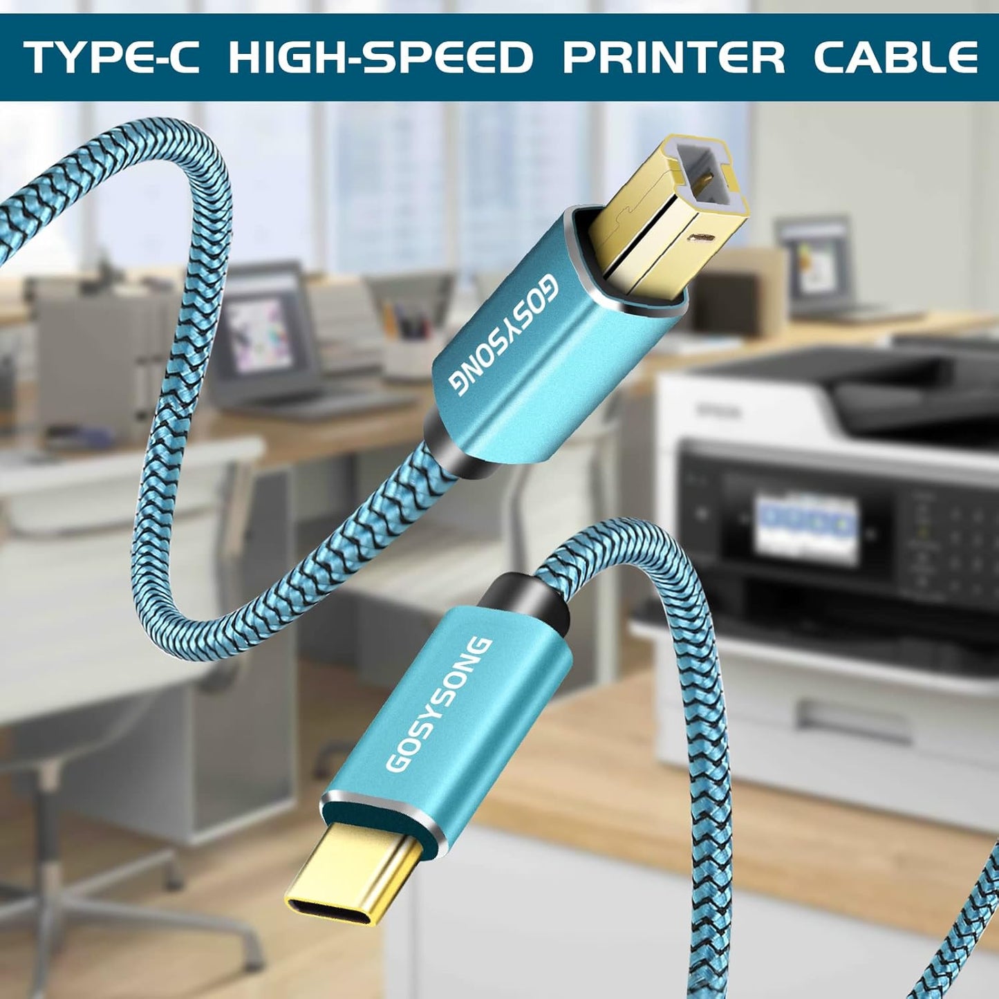 10ft USB C to USB B Printer Cable - High Speed Compatible with Printer, Scanner, Fax Machine, Midi Keyboard