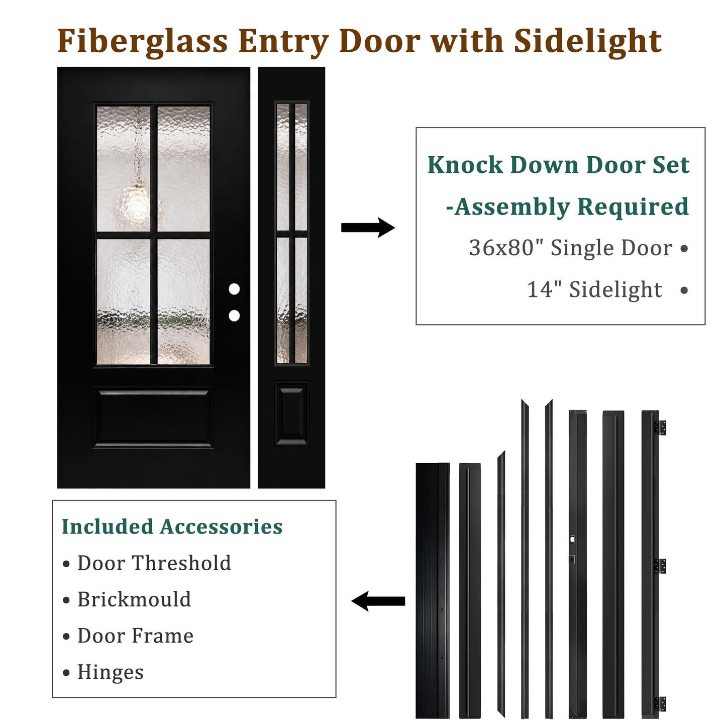 53x80in Fiberglass Front Door with 14in Sidelight, Black Exterior Entry Door for Home, Left-Hand Inswing, Textured Finished with Hammered Glass Knock-Down Door, Vinyl Frame and Brickmould Included