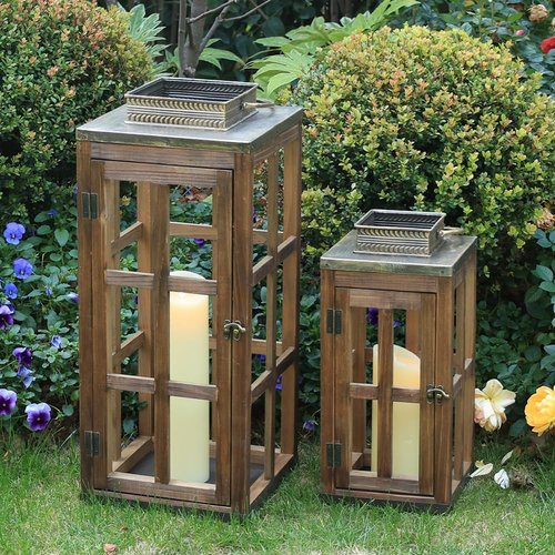 DECORKEY Rustic Wooden Metal Lantern Set of 2 - 28''/20'' H Decorative Indoor & Outdoor Candle Holders