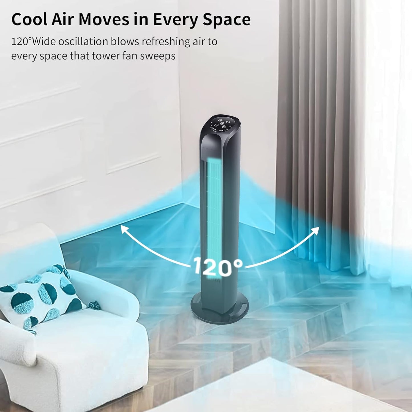 Uthfy Bladeless Tower Fan - 120° Oscillating, Remote Control, 3 Modes, 30 Inch, Black