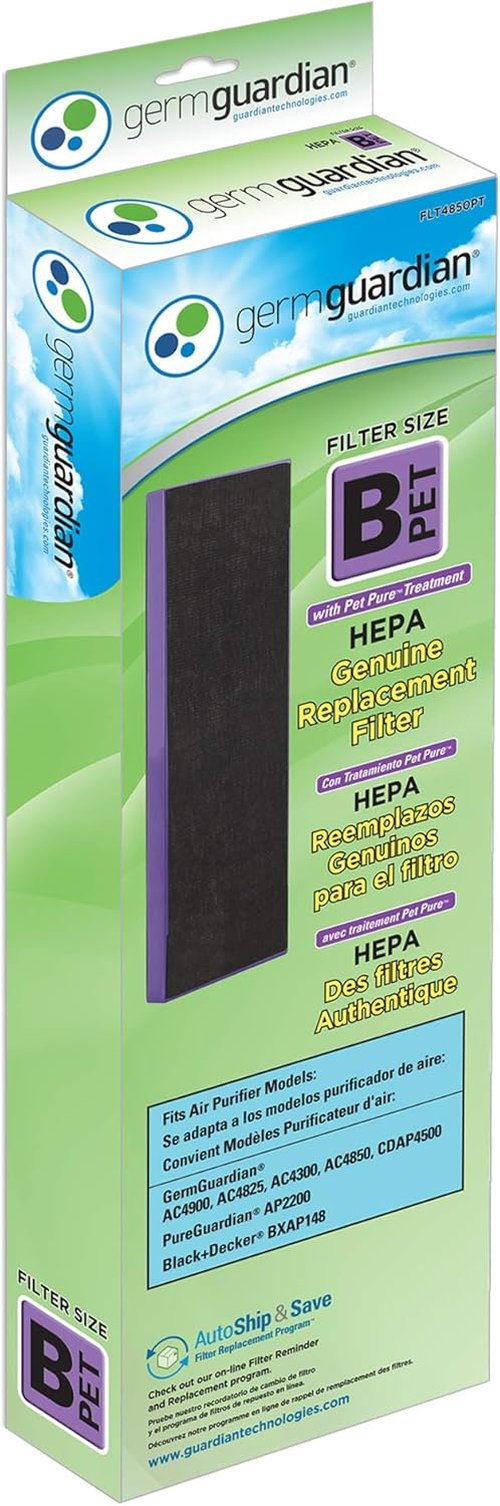 GermGuardian Pet Pure HEPA Replacement Filter B - Removes 99.97% of Pollutants | 4-Pack, Black/Purple