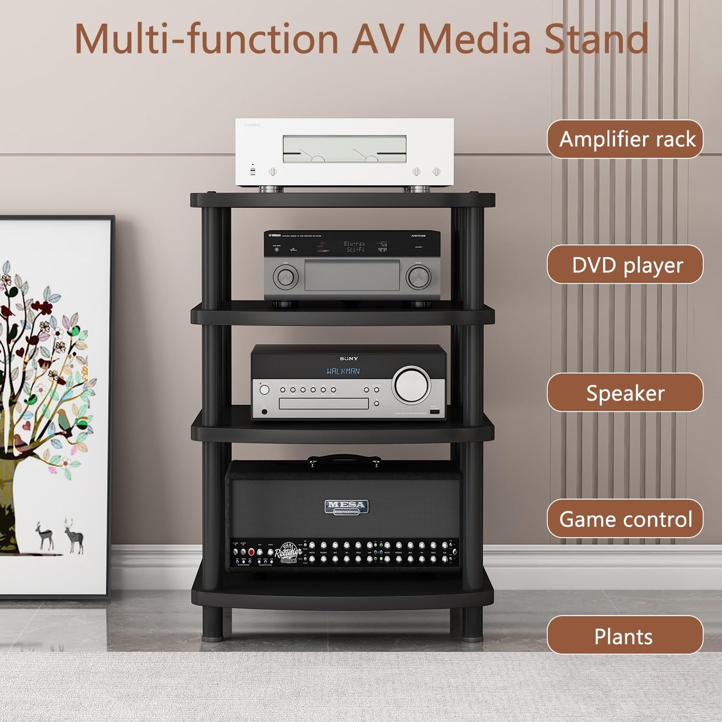 XEOKXOIT 4 Tier AV Media Stand, Audio Rack Tower Adjustable Height, TV Game Console Equipment Shelf, CD Record Player Stereo Component Rack Cabinet for Home Theater Studio (Black)