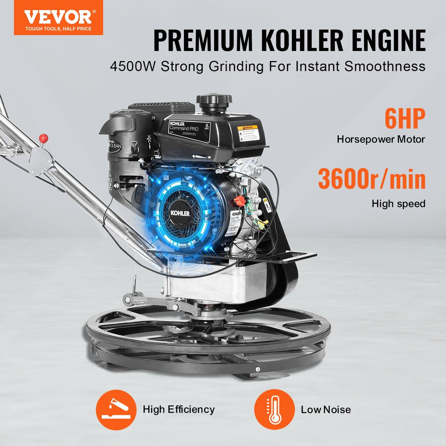 VEVOR Power Trowel 24 inch, 6HP Gas-Powered Smooth Concrete with Float Pan, Heavy Duty Commercial Screed Concrete Cement with Finishing Blade