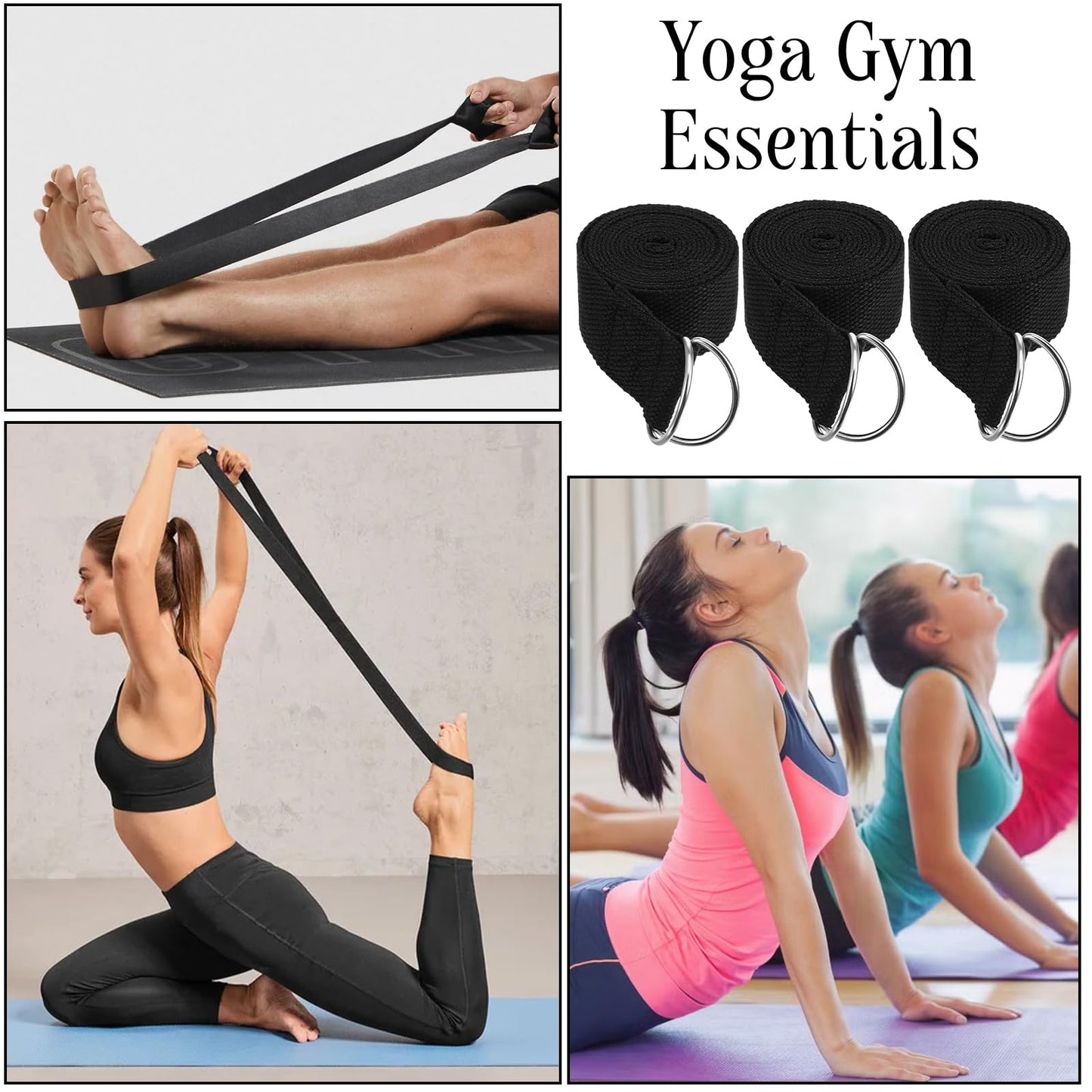 12 Pack Yoga Straps for Stretching, 6 Ft Black Exercise Bands with Adjustable D Ring Buckles for Pilates, Gym Fitness, Flexibility Training, Men Women