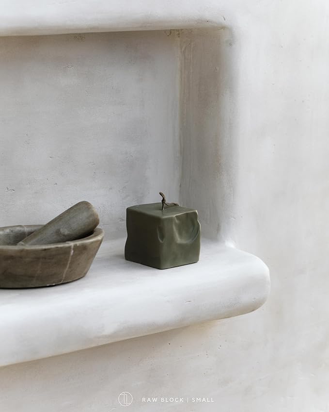LAWA Raw Block Candle - Beautiful Handmade Pillar Scented Soy Wax Elegant Aesthetic Candle Housewarming Gift Home Room Shelf Decor Idea (Earthy Green, Small)