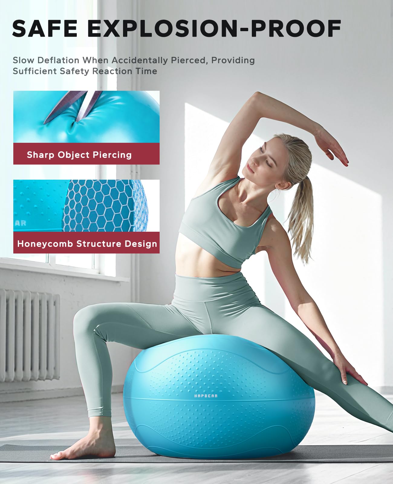 HAPBEAR Exercise Ball (22''/26''/30'') - Anti-Burst Slip-Resistant Yoga/Pilates Ball for Core Training & Posture Improvement, Home Gym/Rehab/Pregnancy Ball, Quick Pump & 3 Resistance Bands Included