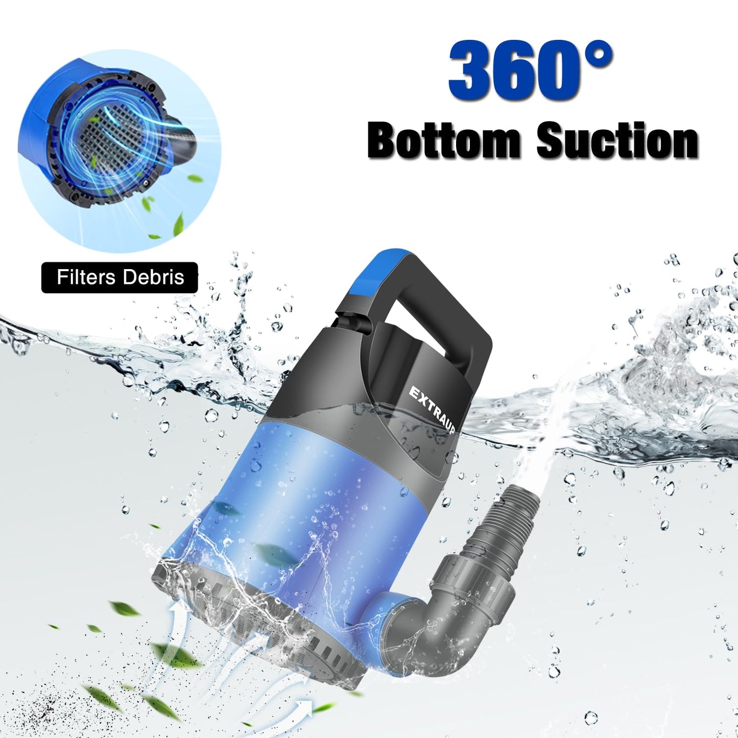 EXTRAUP Sump Pump 1HP Clean/Dirty Submersible Water Pump, Electric Thermoplastic Portable Utility Pump 3900 GPH low suction for Swimming Pool Garden Pond Basement Window Wells with 16.4ft Power Cord